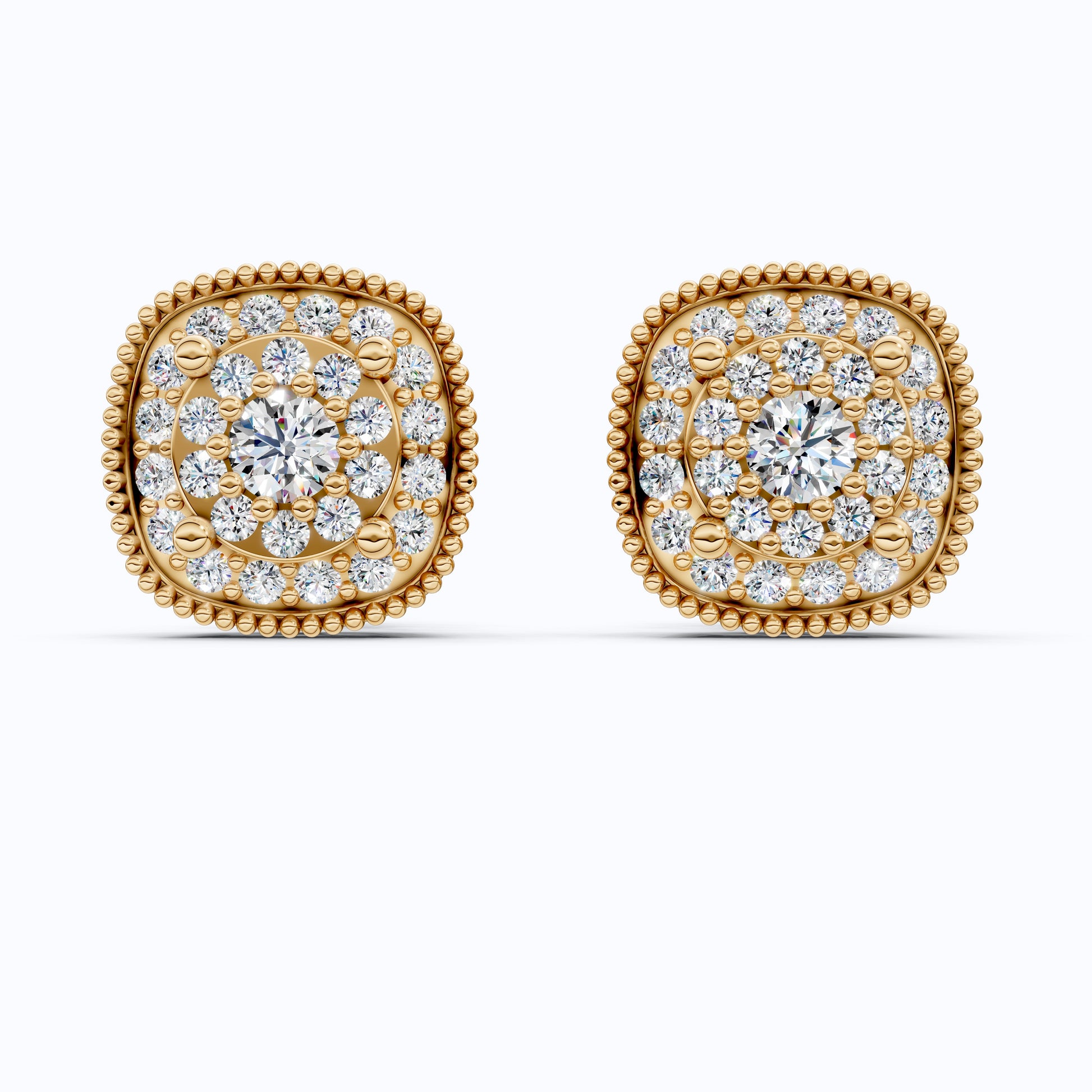 Vintage Cushion Shaped Cluster Halo Wedding Earrings with Beaded Edge in Lab Grown Diamond 14k Solid Gold, Wedding Gift for Her, Handmade Milgrain Earrings