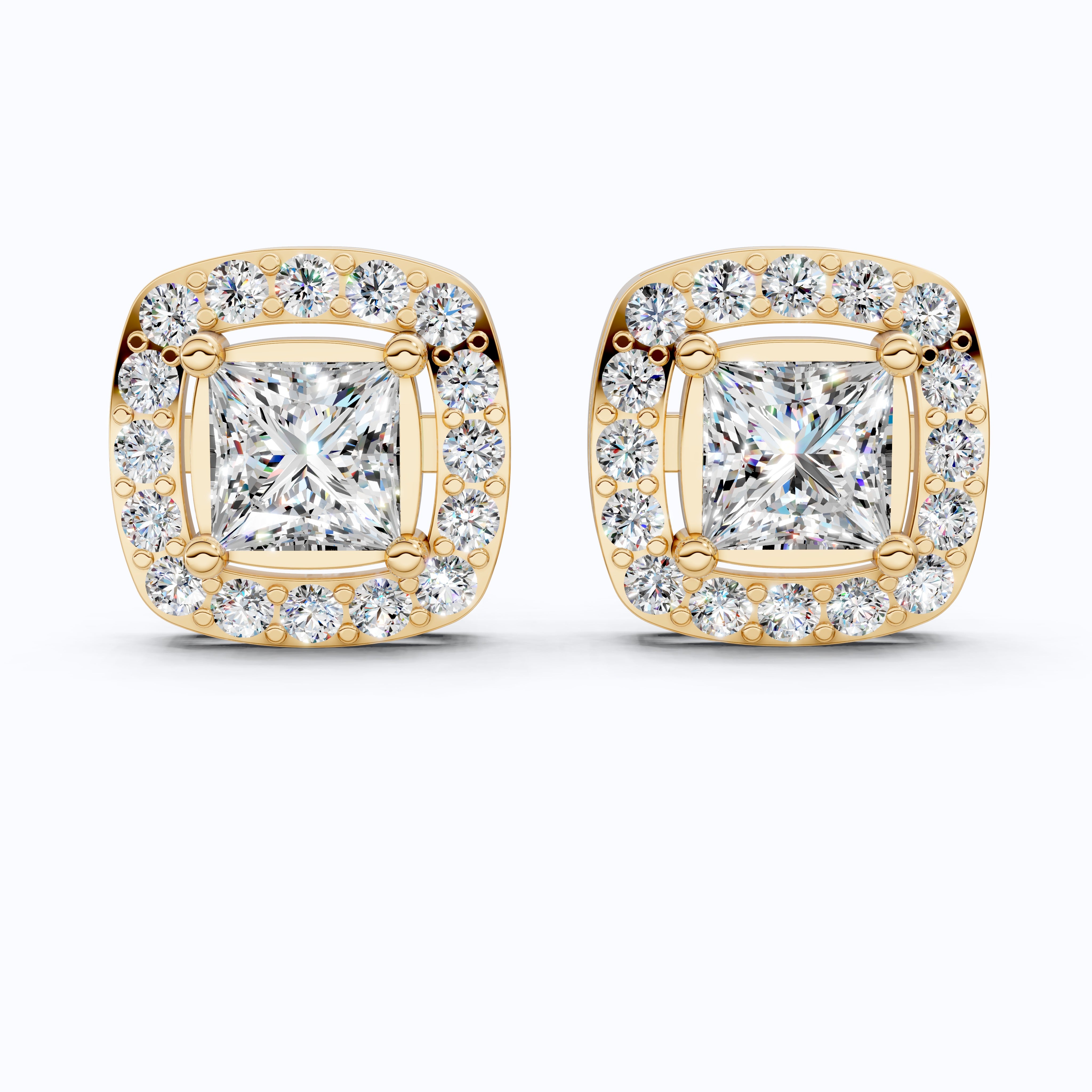 Curved Squared Halo Stud Earrings in 14K Solid Gold, 2.00 TCW Princess Cut Lab Grown Diamonds, Anniversary Gift For Her, Bridal Jewelry