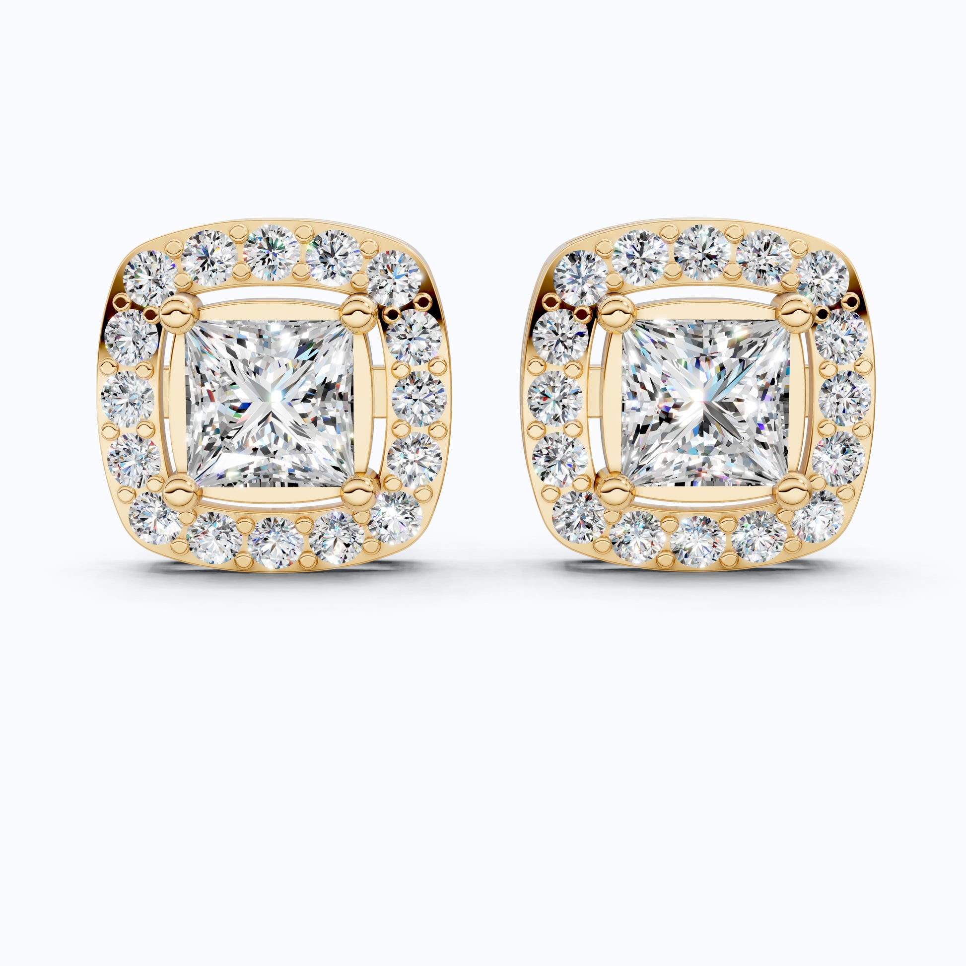 Curved Squared Halo Stud Earrings in 14K Solid Gold, 2.00 TCW Princess Cut Lab Grown Diamonds, Anniversary Gift For Her, Bridal Jewelry