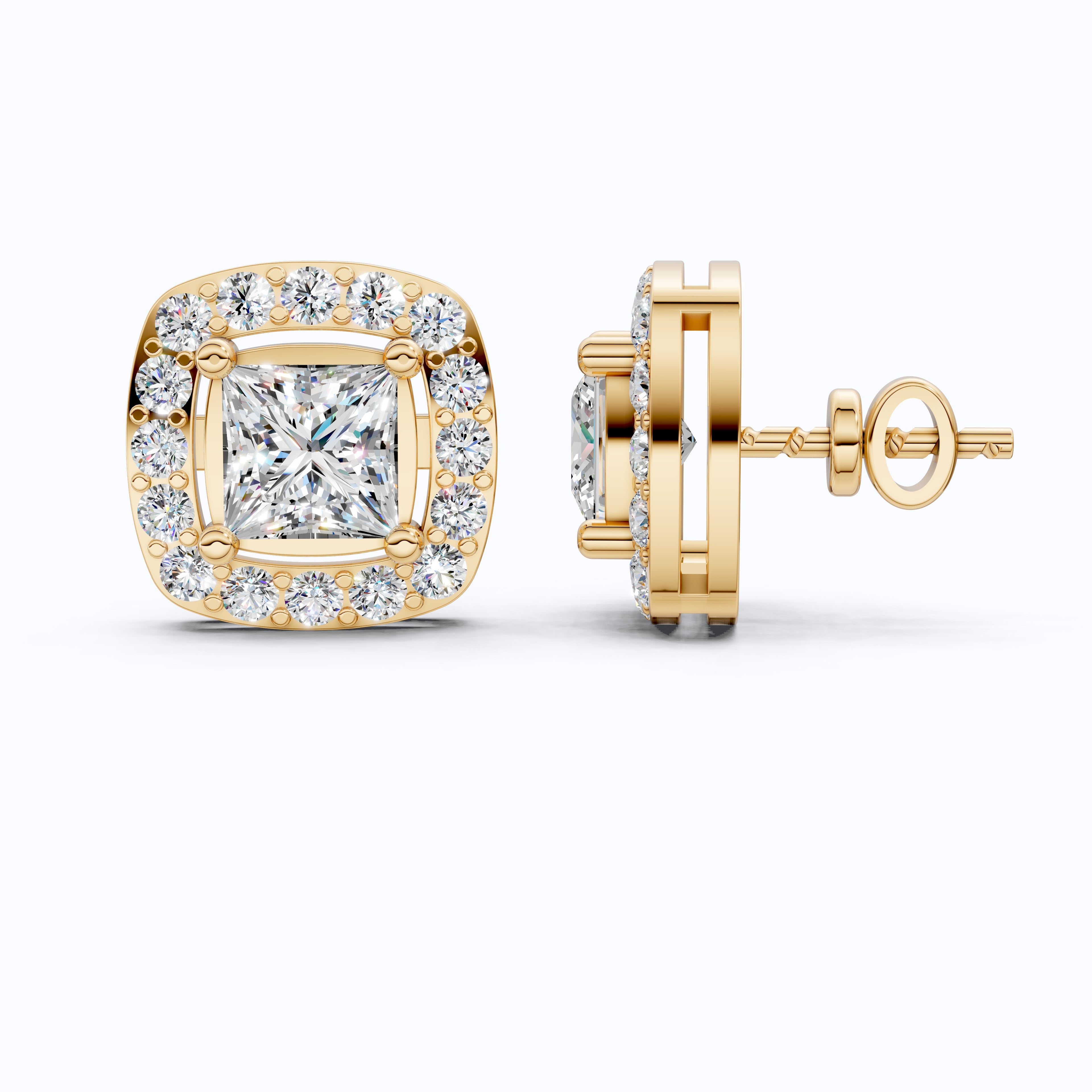 Curved Squared Halo Stud Earrings in 14K Solid Gold, 2.00 TCW Princess Cut Lab Grown Diamonds, Anniversary Gift For Her, Bridal Jewelry