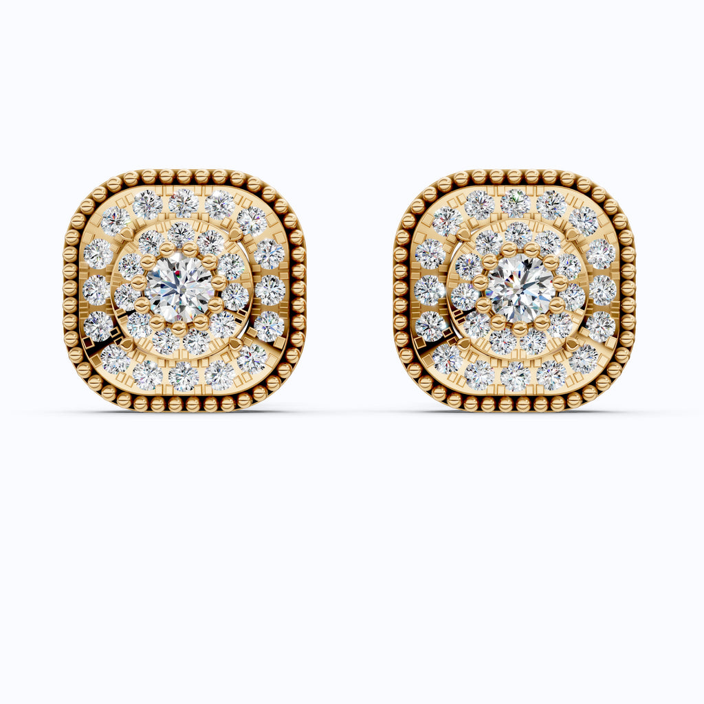 Vintage Cushion Halo Double Layer Cluster Wedding Earrings in Lab Grown Diamond - 14k Solid Gold, Milgrain Earrings for Women, Everyday Jewelry
