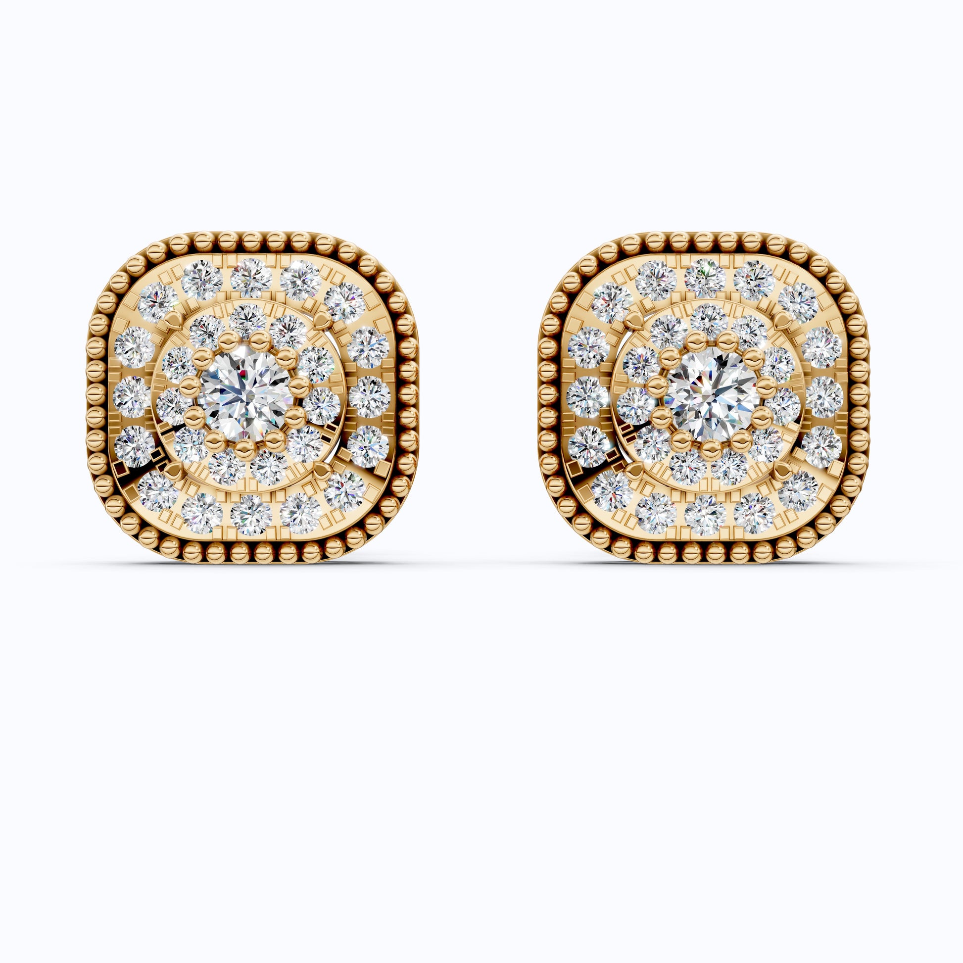 Vintage Cushion Halo Double Layer Cluster Wedding Earrings in Lab Grown Diamond - 14k Solid Gold, Milgrain Earrings for Women, Everyday Jewelry