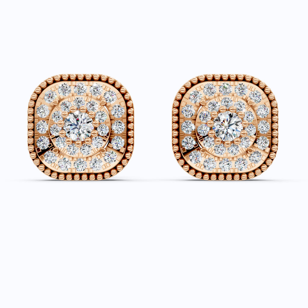 Vintage Cushion Halo Double Layer Cluster Wedding Earrings in Lab Grown Diamond - 14k Solid Gold, Milgrain Earrings for Women, Everyday Jewelry