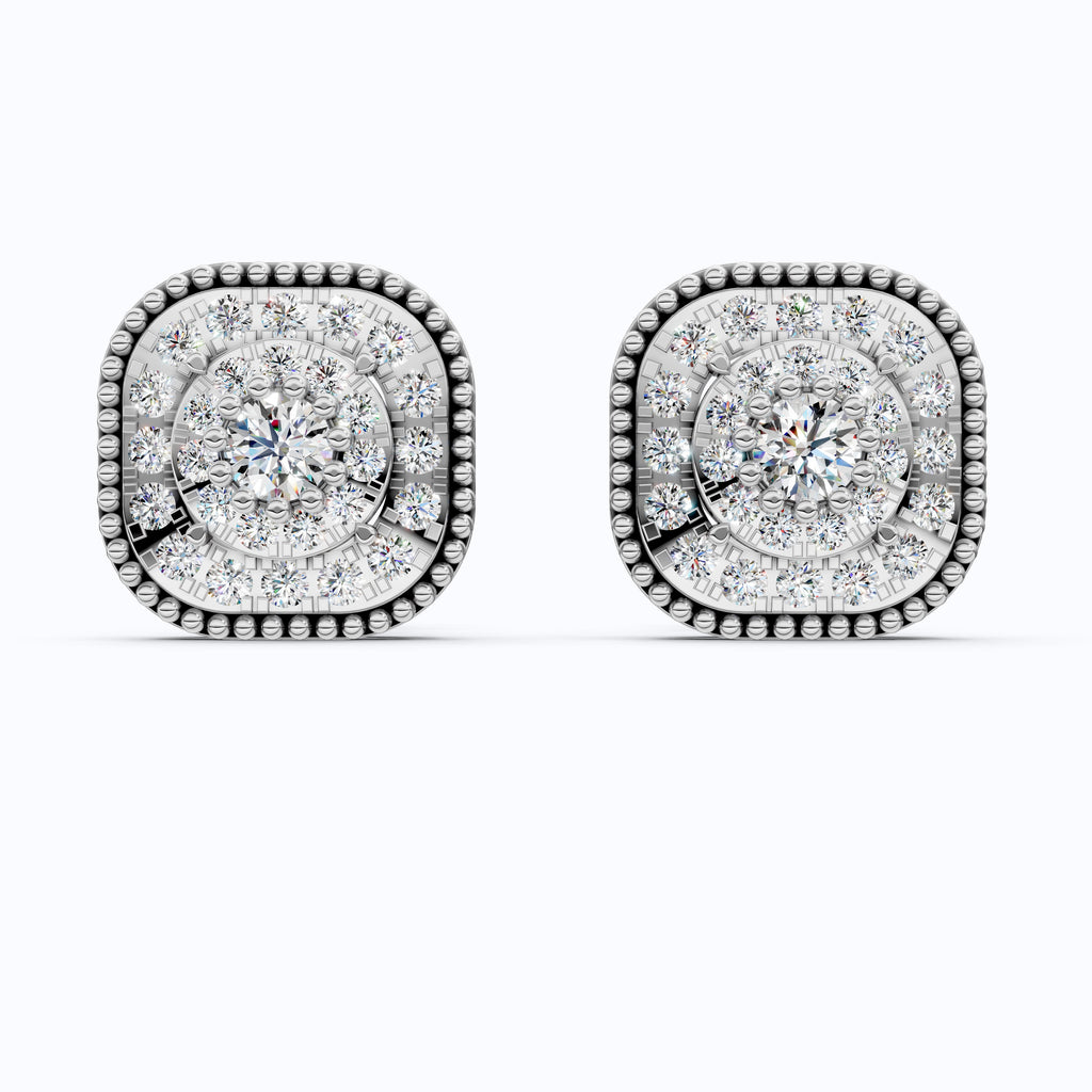 Vintage Cushion Halo Double Layer Cluster Wedding Earrings in Lab Grown Diamond - 14k Solid Gold, Milgrain Earrings for Women, Everyday Jewelry