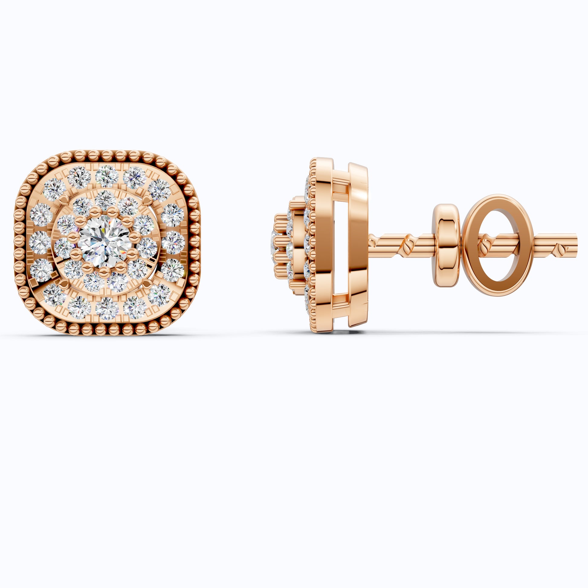 Vintage Cushion Halo Double Layer Cluster Wedding Earrings in Lab Grown Diamond - 14k Solid Gold, Milgrain Earrings for Women, Everyday Jewelry