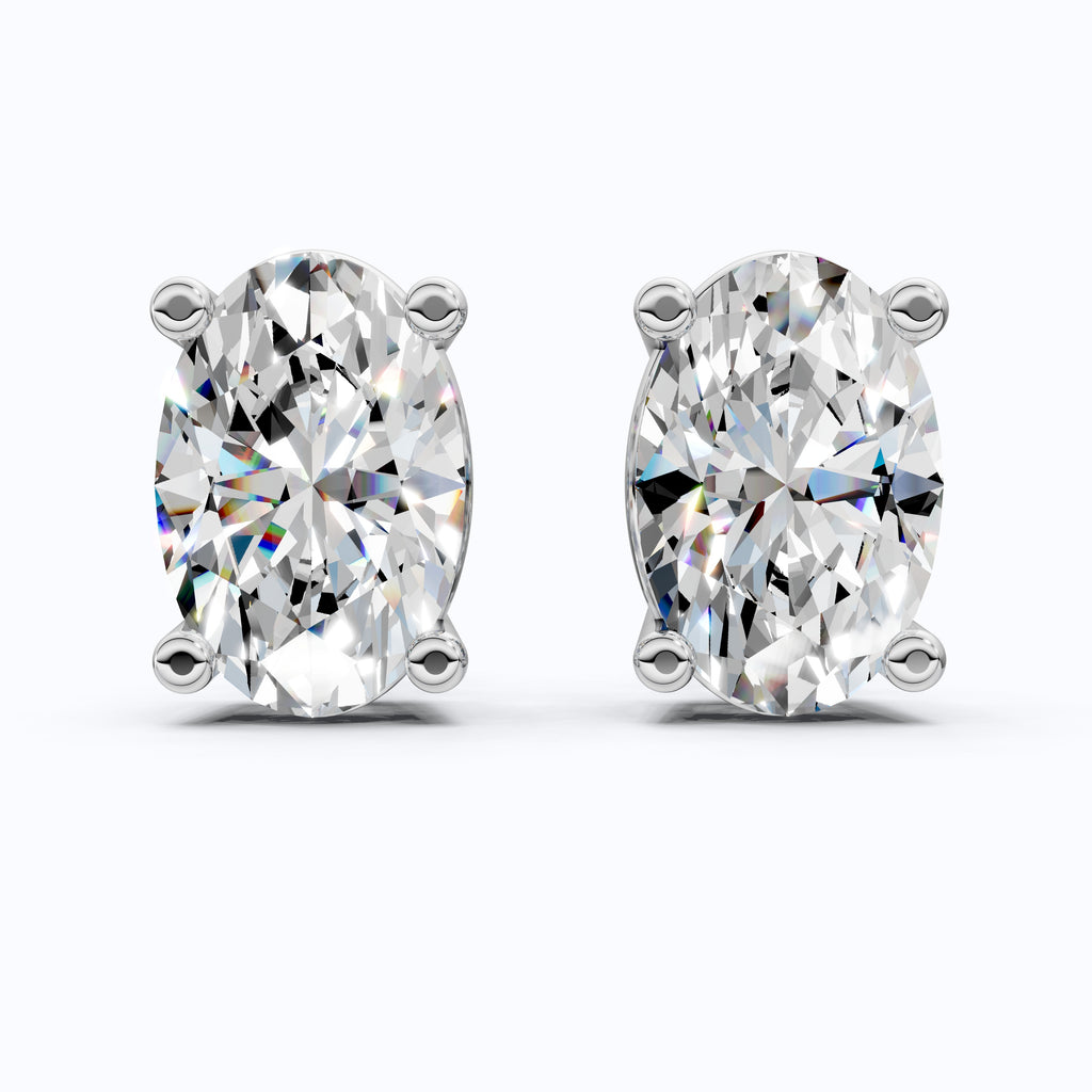 Solitaire Oval Lab Diamond Stud Earrings 14K White Gold, Handmade Jewelry for Her