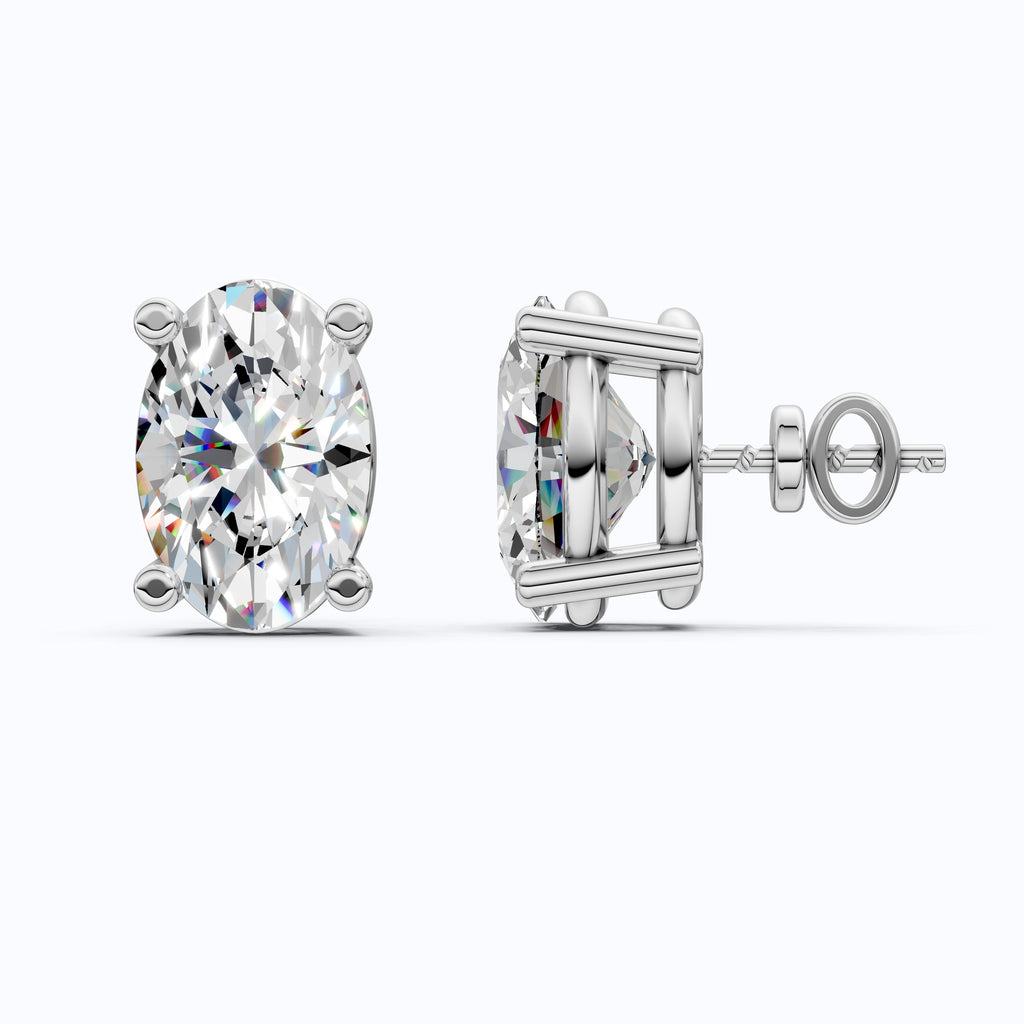 Solitaire Oval Lab Diamond Stud Earrings 14K White Gold, Handmade Jewelry for Her