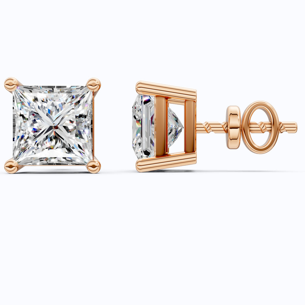Minimalist Solitaire Stud Earrings in 14K Solid Gold, 2.00 TCW Princess Cut Lab Grown Diamonds, Birthday Gift for Women/Men