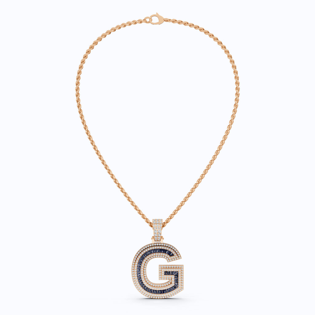 14K Rose Gold G Letter Pendant, Ruby & Diamond Bling Necklace for Men & Women