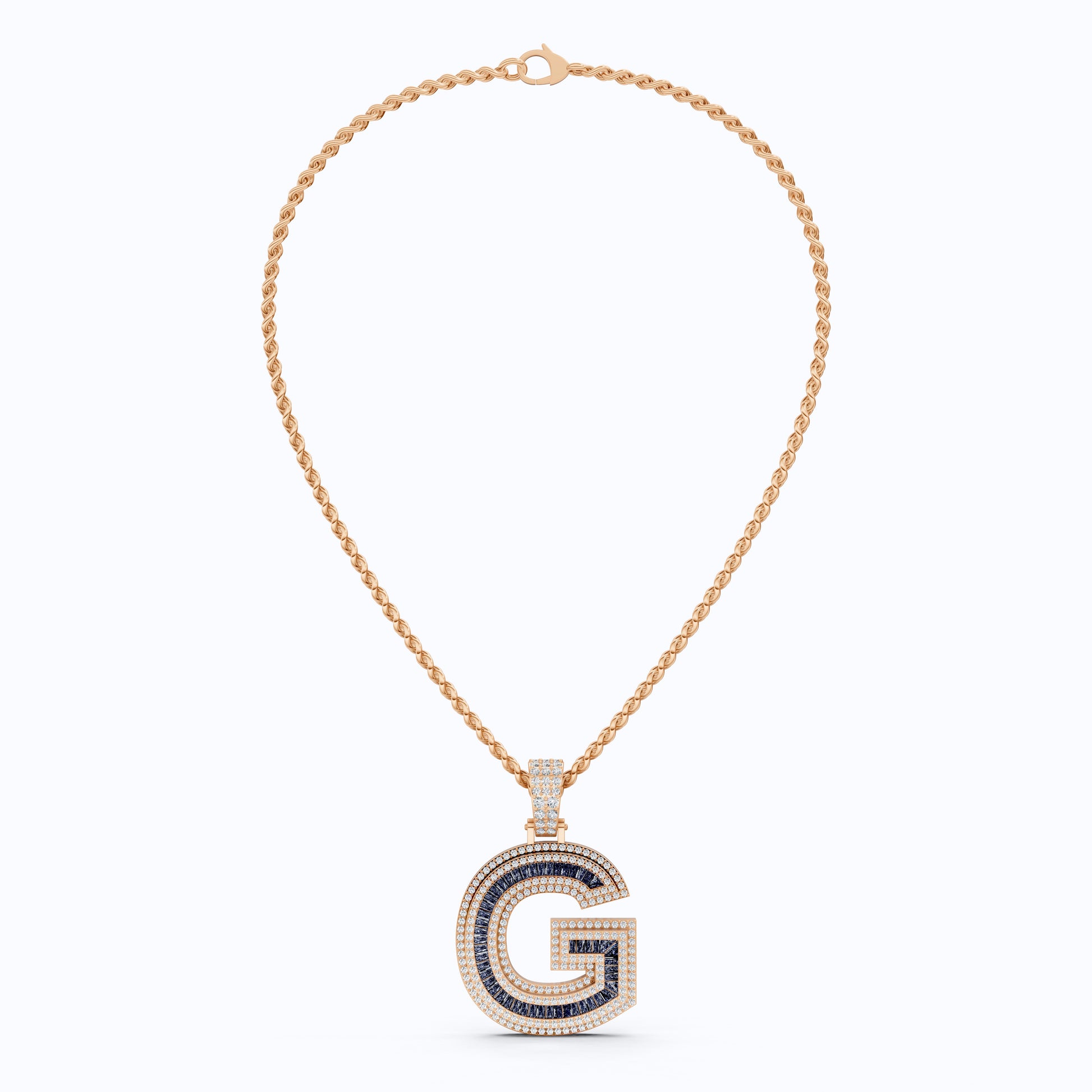 14K Rose Gold G Letter Pendant, Ruby & Diamond Bling Necklace for Men & Women