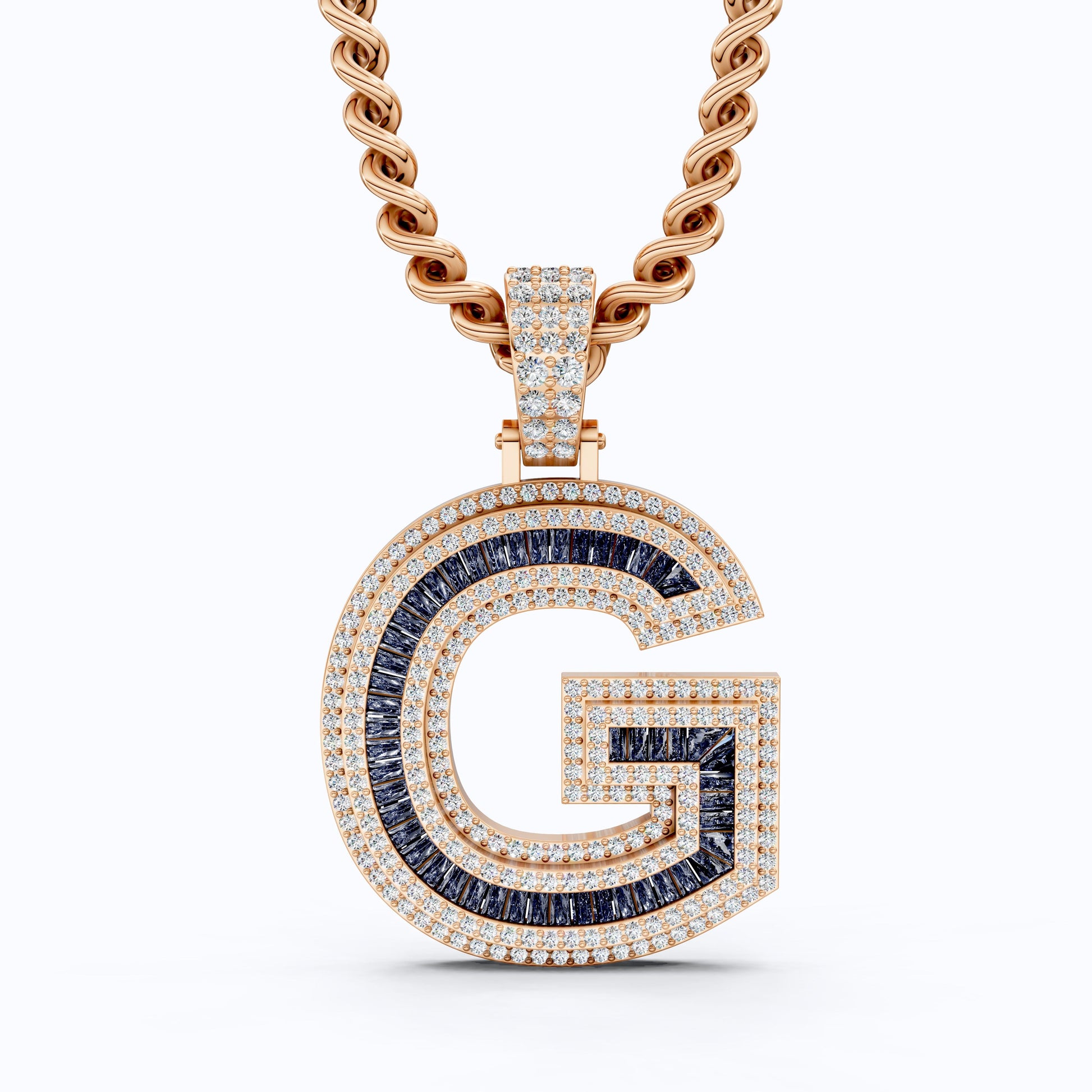 14K Rose Gold G Letter Pendant, Ruby & Diamond Bling Necklace for Men & Women