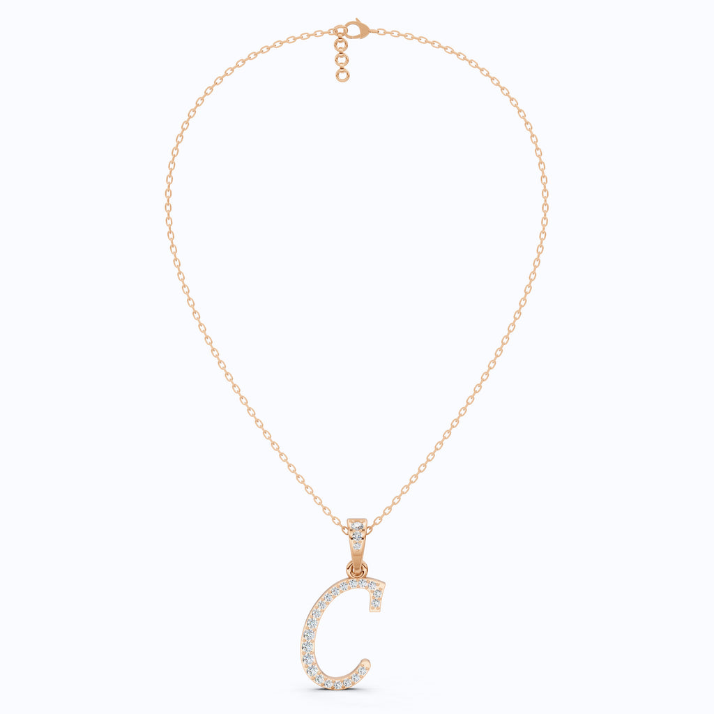 Pavé Script Letter C Initial Pendant in Lab Diamond – 14k Solid Gold, Alphabet Jewelry Gift for Women, Daily Wear Pendant