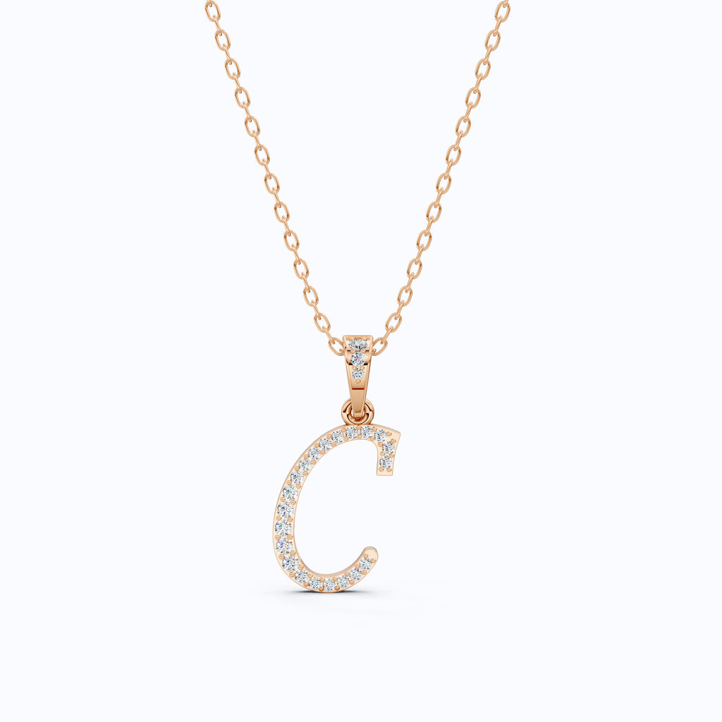 Pavé Script Letter C Initial Pendant in Lab Diamond – 14k Solid Gold, Alphabet Jewelry Gift for Women, Daily Wear Pendant