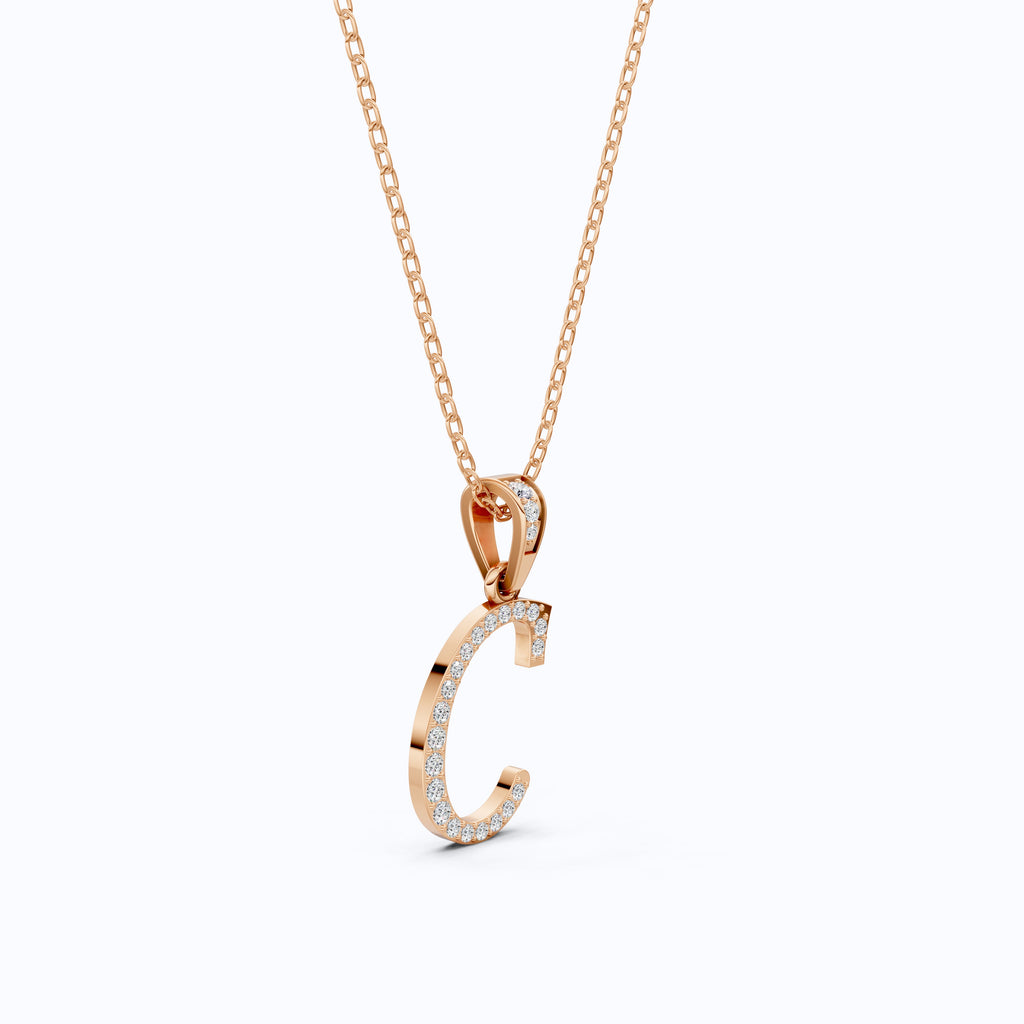 Pavé Script Letter C Initial Pendant in Lab Diamond – 14k Solid Gold, Alphabet Jewelry Gift for Women, Daily Wear Pendant