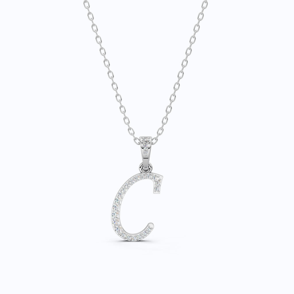 Pavé Script Letter C Initial Pendant in Lab Diamond – 14k Solid Gold, Alphabet Jewelry Gift for Women, Daily Wear Pendant