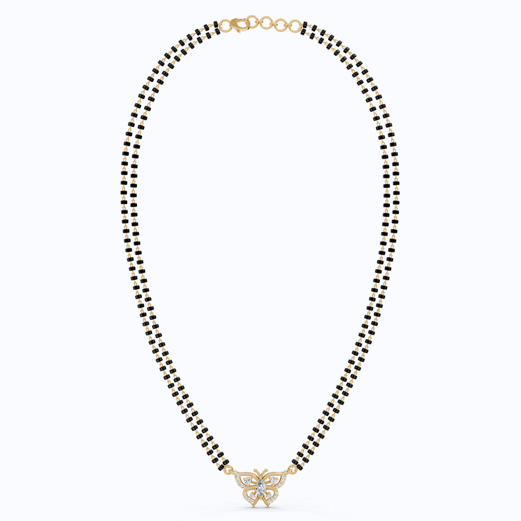 14K Yellow Gold Butterfly Long Mangal Sutra, 0.46 TCW Lab Diamonds Long Mangalsutra Necklace, Gift for Wife, Handmade Jewelry