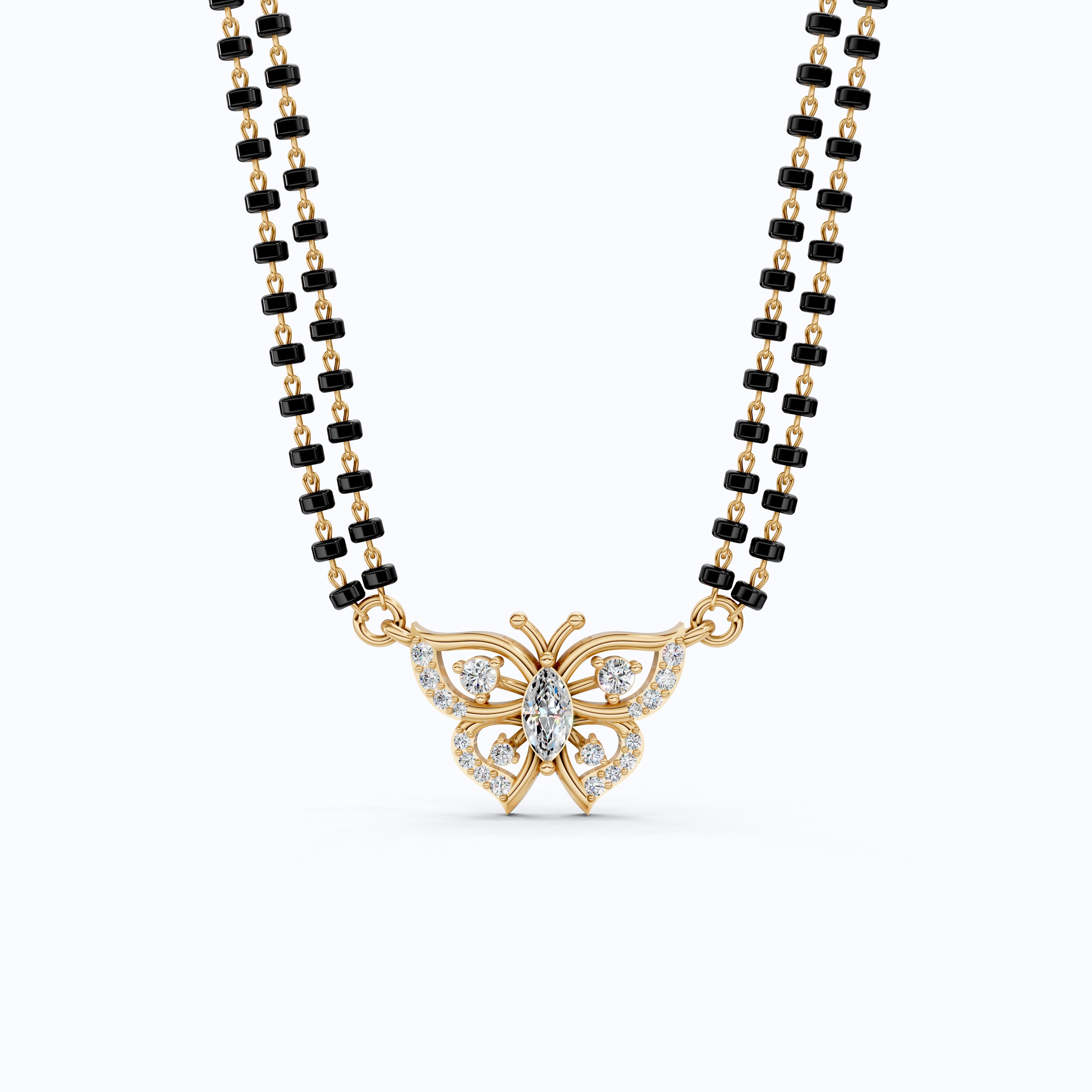 14K Yellow Gold Butterfly Long Mangal Sutra, 0.46 TCW Lab Diamonds Long Mangalsutra Necklace, Gift for Wife, Handmade Jewelry