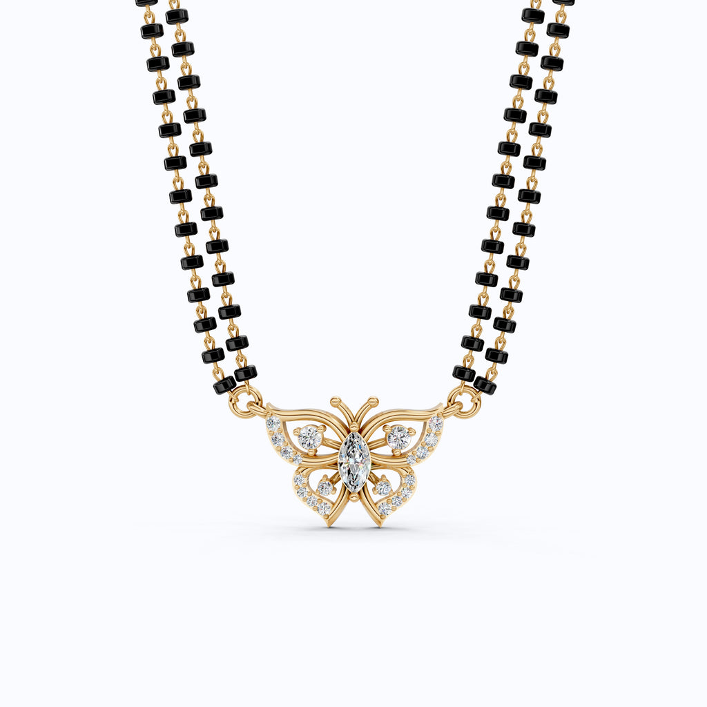 14K Yellow Gold Butterfly Long Mangal Sutra, 0.46 TCW Lab Diamonds Long Mangalsutra Necklace, Gift for Wife, Handmade Jewelry