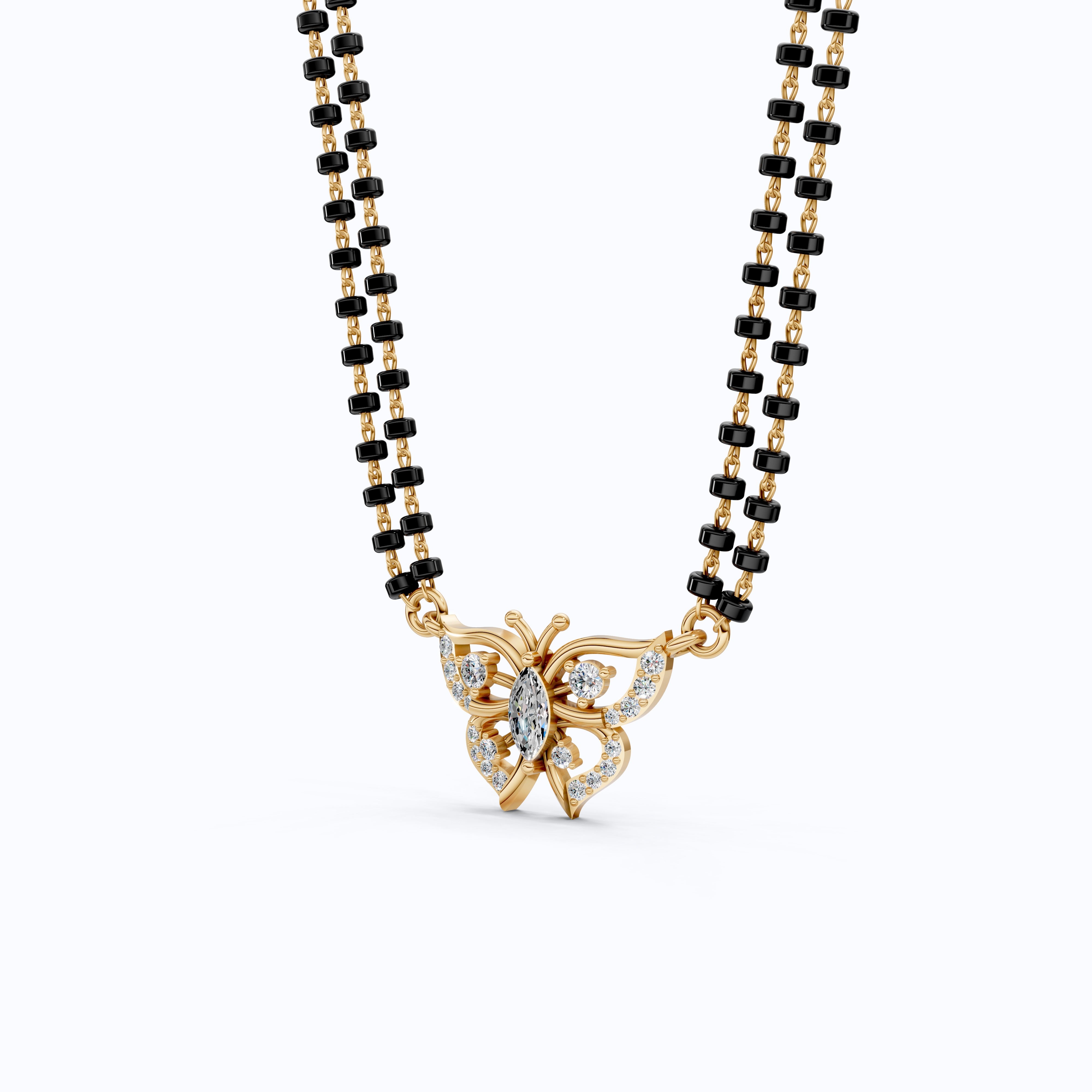 14K Yellow Gold Butterfly Long Mangal Sutra, 0.46 TCW Lab Diamonds Long Mangalsutra Necklace, Gift for Wife, Handmade Jewelry