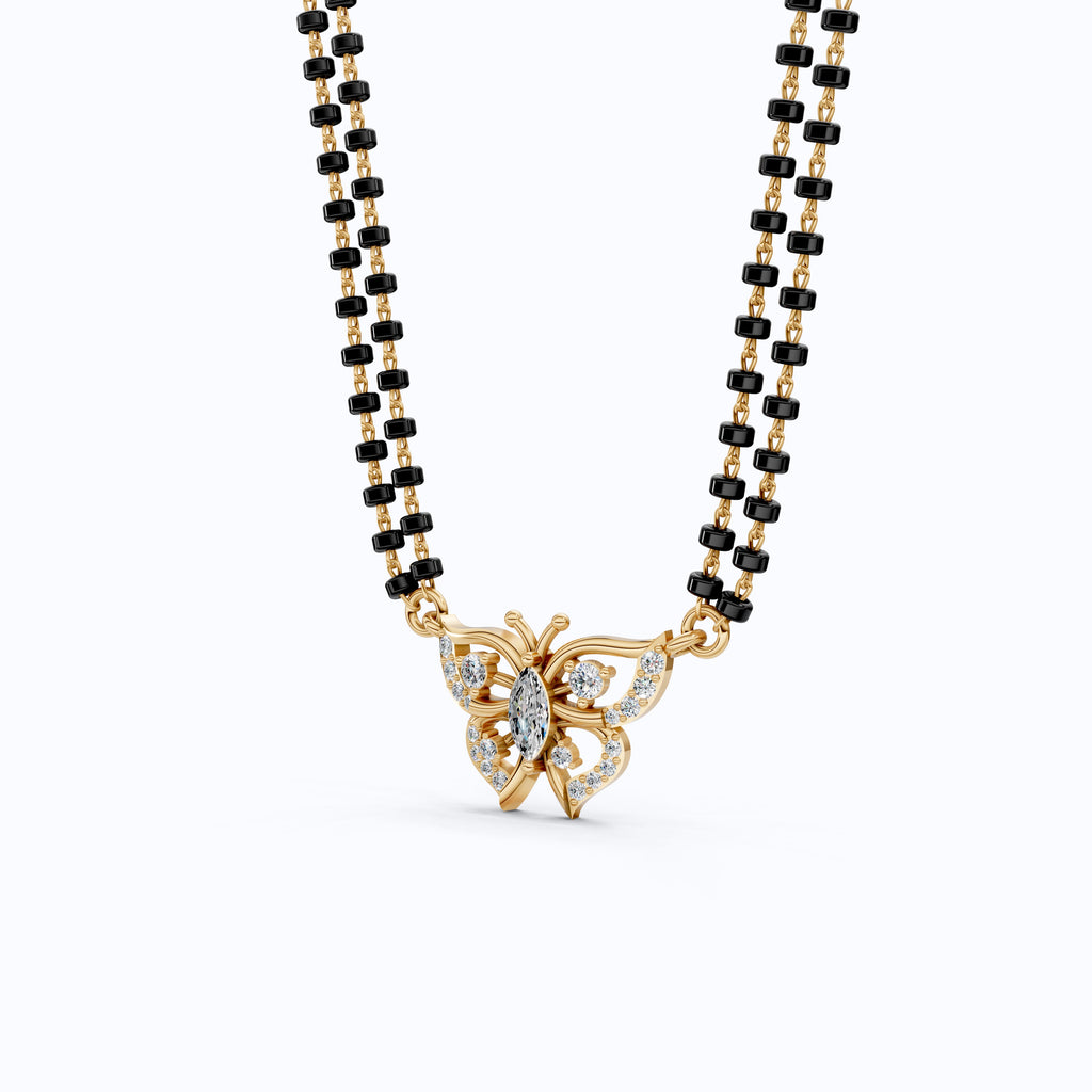 14K Yellow Gold Butterfly Long Mangal Sutra, 0.46 TCW Lab Diamonds Long Mangalsutra Necklace, Gift for Wife, Handmade Jewelry