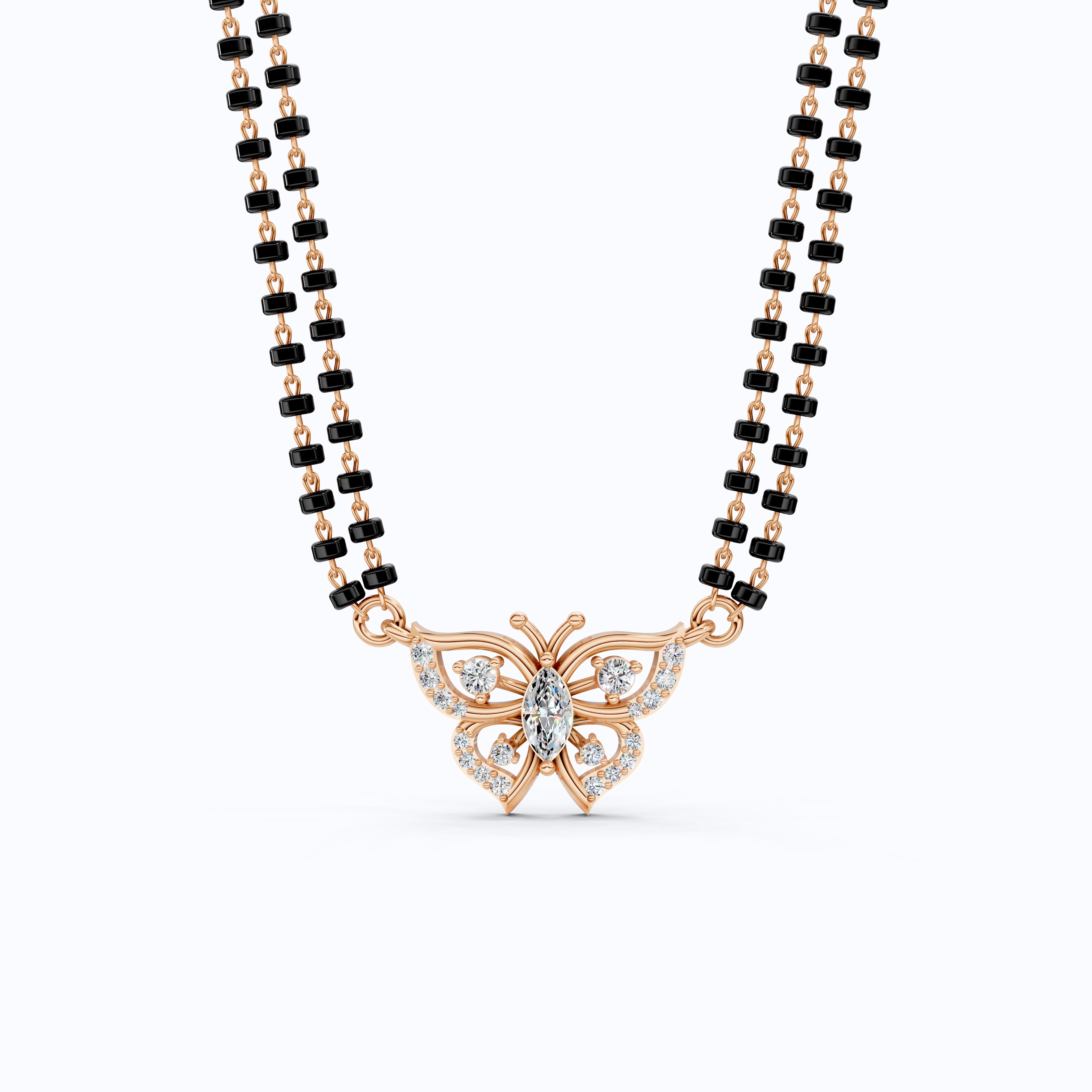 14K Yellow Gold Butterfly Long Mangal Sutra, 0.46 TCW Lab Diamonds Long Mangalsutra Necklace, Gift for Wife, Handmade Jewelry