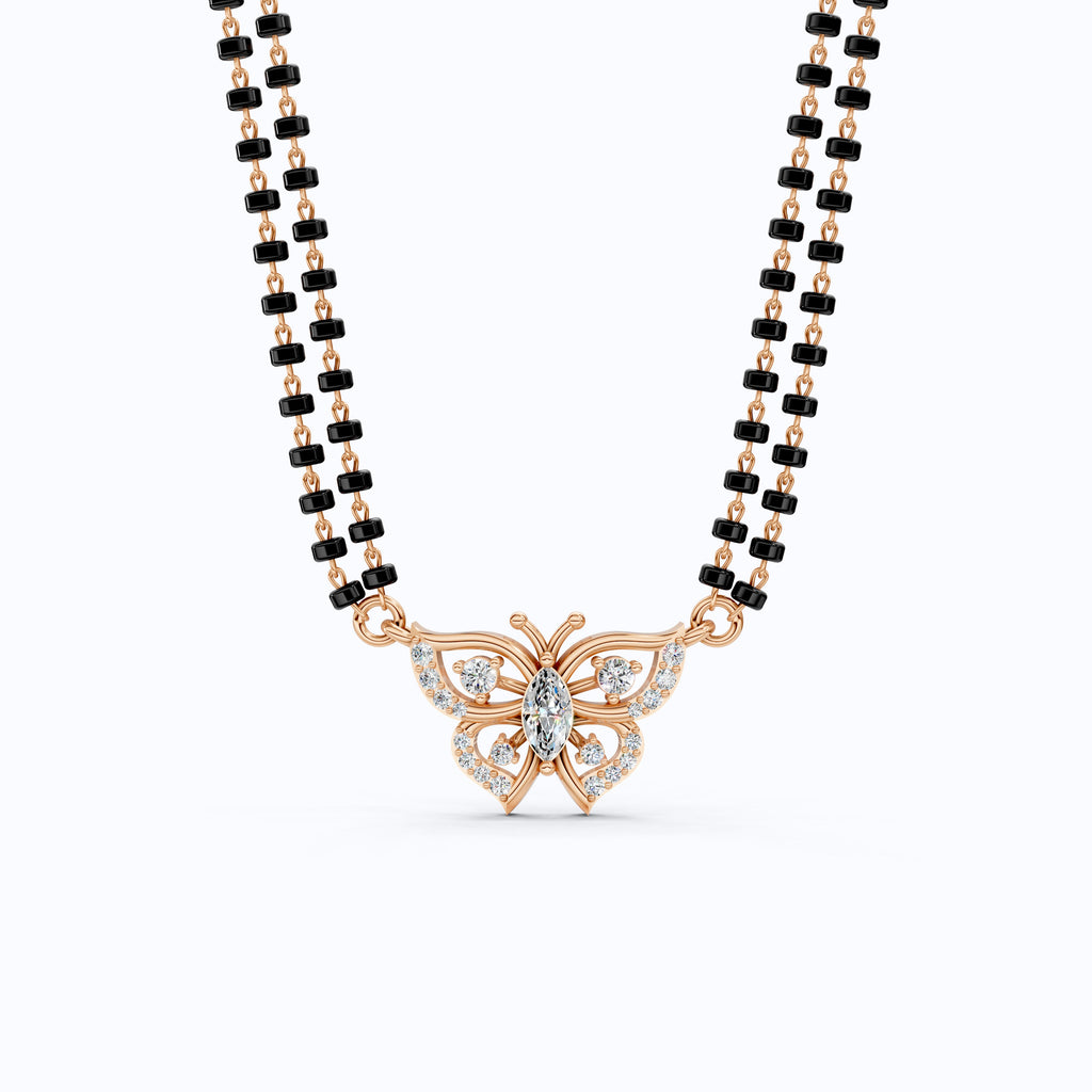 14K Yellow Gold Butterfly Long Mangal Sutra, 0.46 TCW Lab Diamonds Long Mangalsutra Necklace, Gift for Wife, Handmade Jewelry