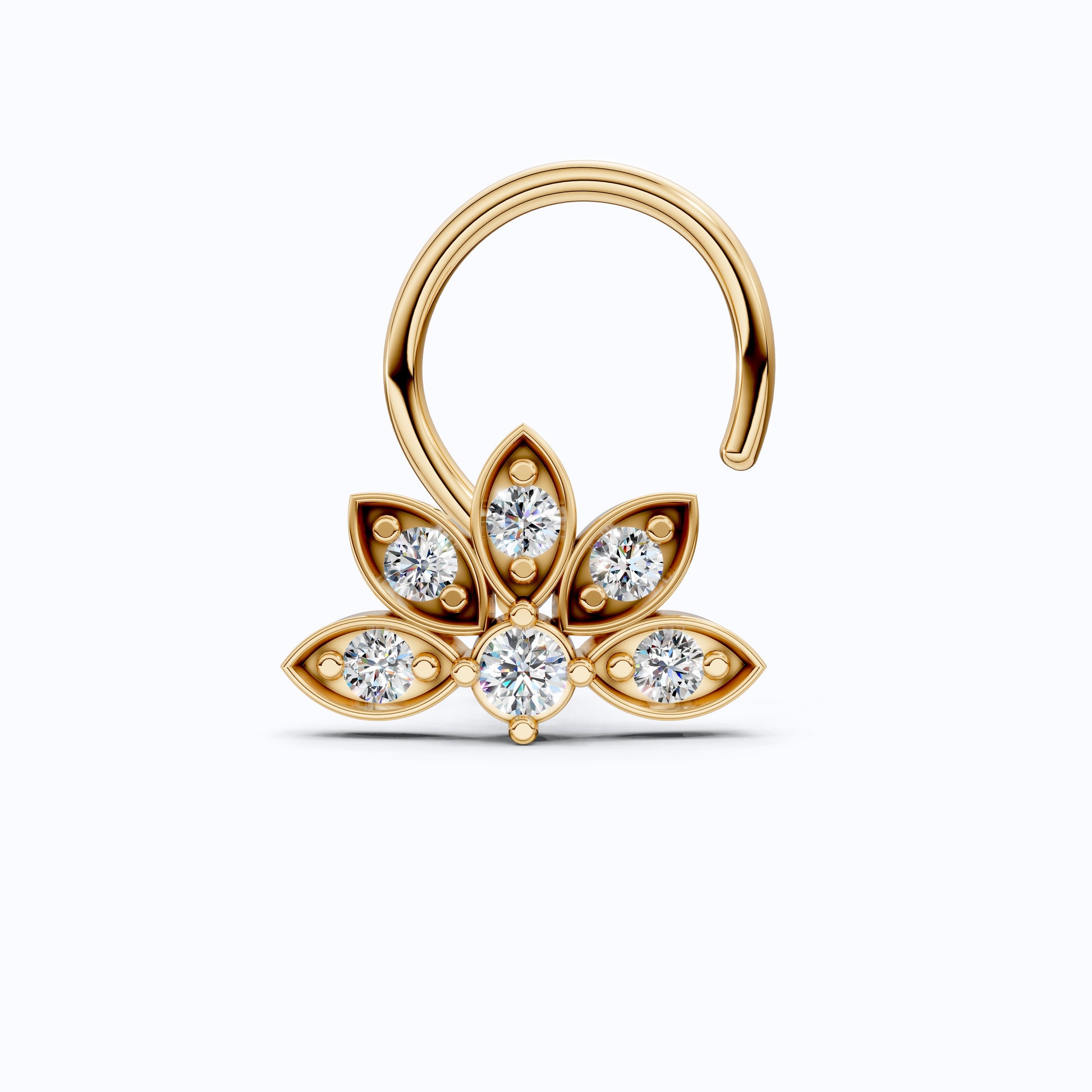 Lotus Petal Nose Pin in 14K Solid Gold, Lab Diamond Floral Cluster Pin, Trendy Ethnic Jewelry,  Floral Piercing Jewelry For Women