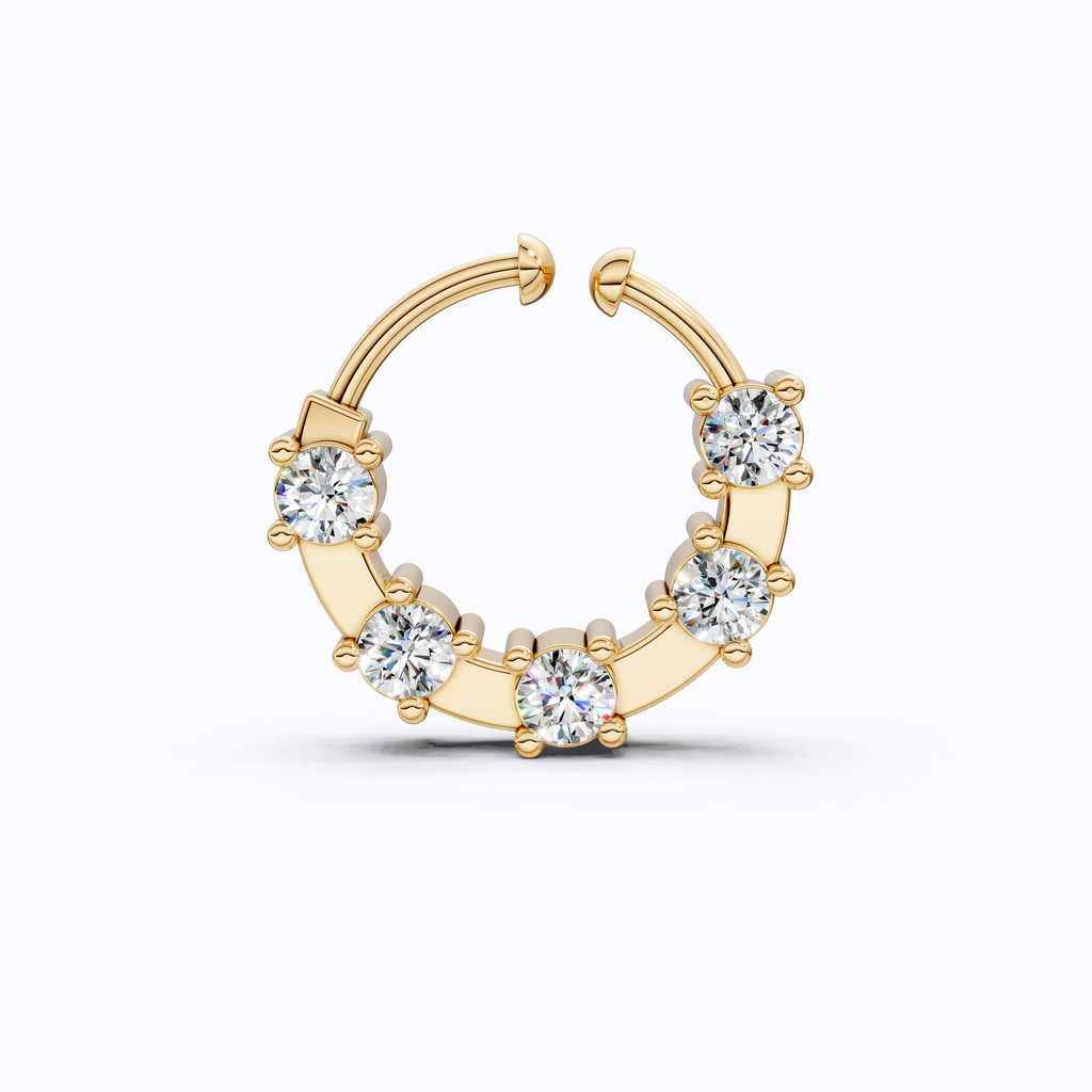 Modern Round Bezel Prong Hoop Nose Pin in Lab Diamond – Solid 10k/14k Gold, Nose Ring Gift for Women, Handmade Jewelry