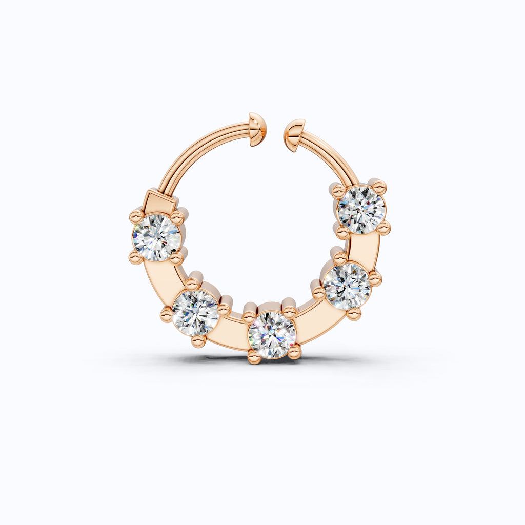 Modern Round Bezel Prong Hoop Nose Pin in Lab Diamond – Solid 10k/14k Gold, Nose Ring Gift for Women, Handmade Jewelry