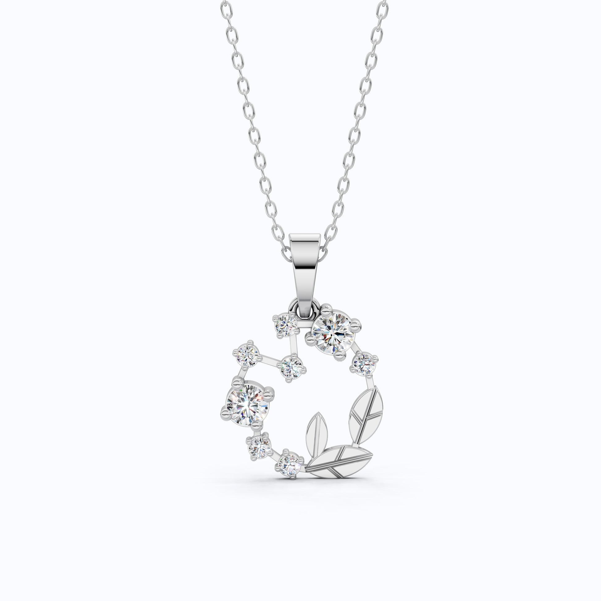 Dainty Floral Leaf Wreath Circle in Lab Diamond – 14k Solid Gold, Sterling Silver Pendant Necklace, Gift for Her, Bridal Jewelry