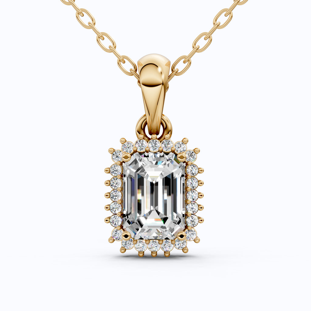 Unique Art Deco Emerald Halo Wedding Pendant in 14K Solid Gold, 1.00 CT Emerald Cut Lab Created Diamond, Gift For Her, Bridal Jewelry