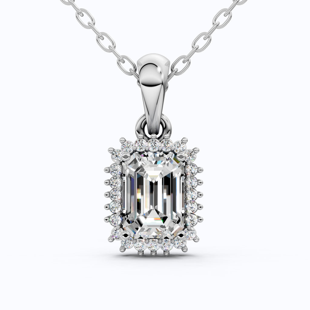 Unique Art Deco Emerald Halo Wedding Pendant in 14K Solid Gold, 1.00 CT Emerald Cut Lab Created Diamond, Gift For Her, Bridal Jewelry