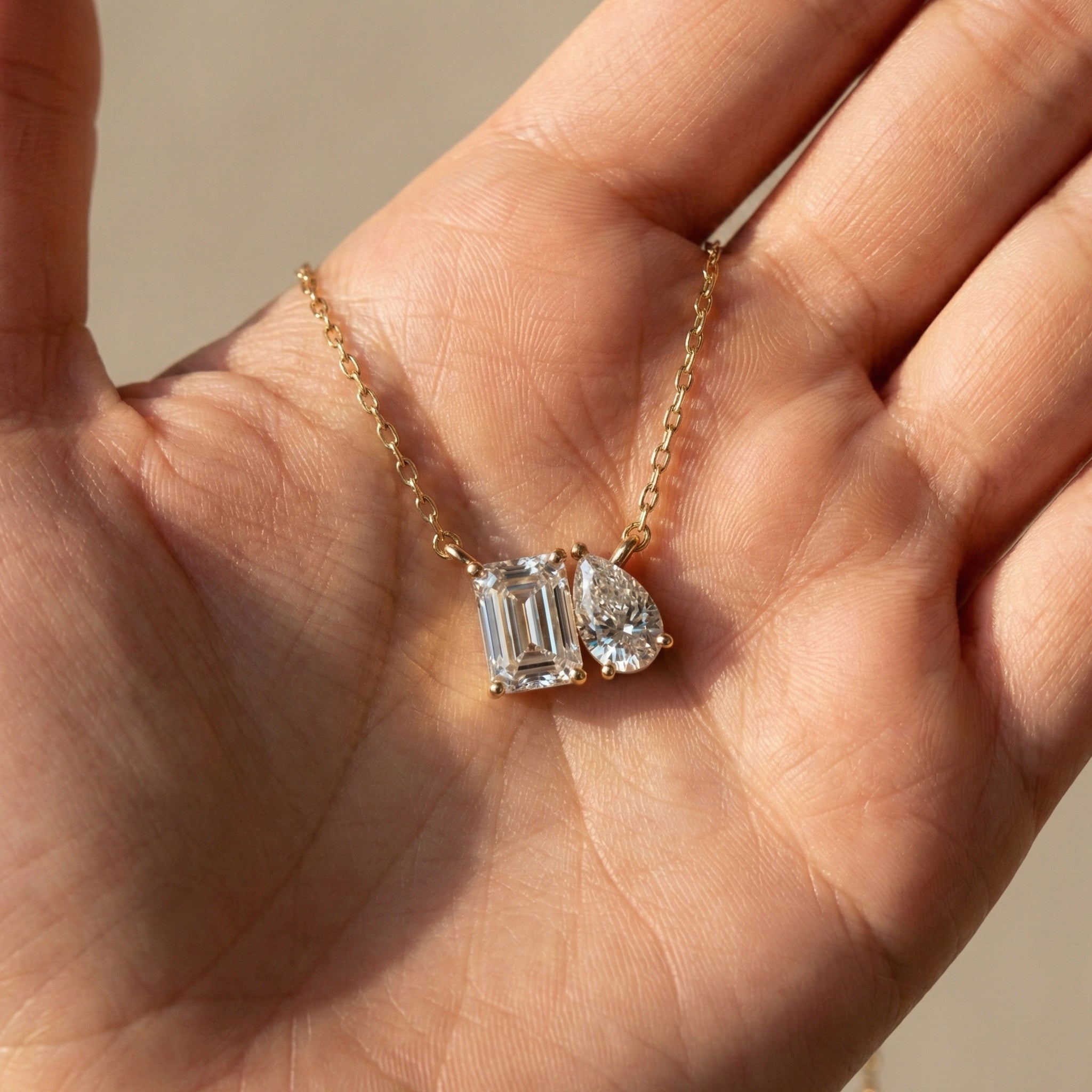 Modern Toi et Moi Two Stone Wedding Pendant in 14K Solid Gold, 2.55 TCW Emerald/Pear Cut Lab Grown Diamonds, Elegant Gift for Wife