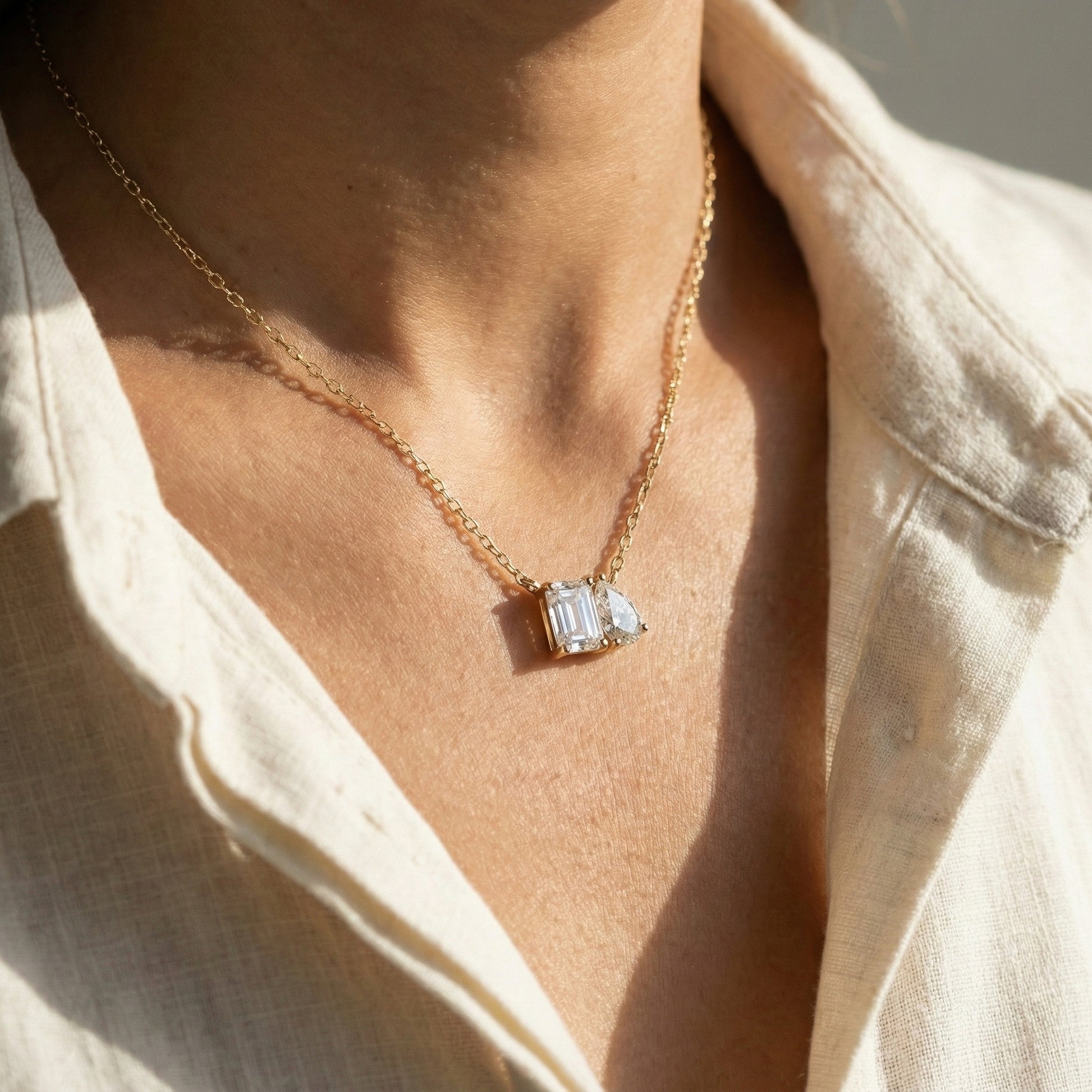 Modern Toi et Moi Two Stone Wedding Pendant in 14K Solid Gold, 2.55 TCW Emerald/Pear Cut Lab Grown Diamonds, Elegant Gift for Wife