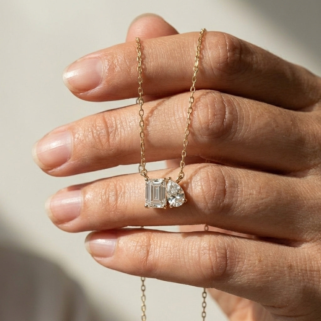 Modern Toi et Moi Two Stone Wedding Pendant in 14K Solid Gold, 2.55 TCW Emerald/Pear Cut Lab Grown Diamonds, Elegant Gift for Wife