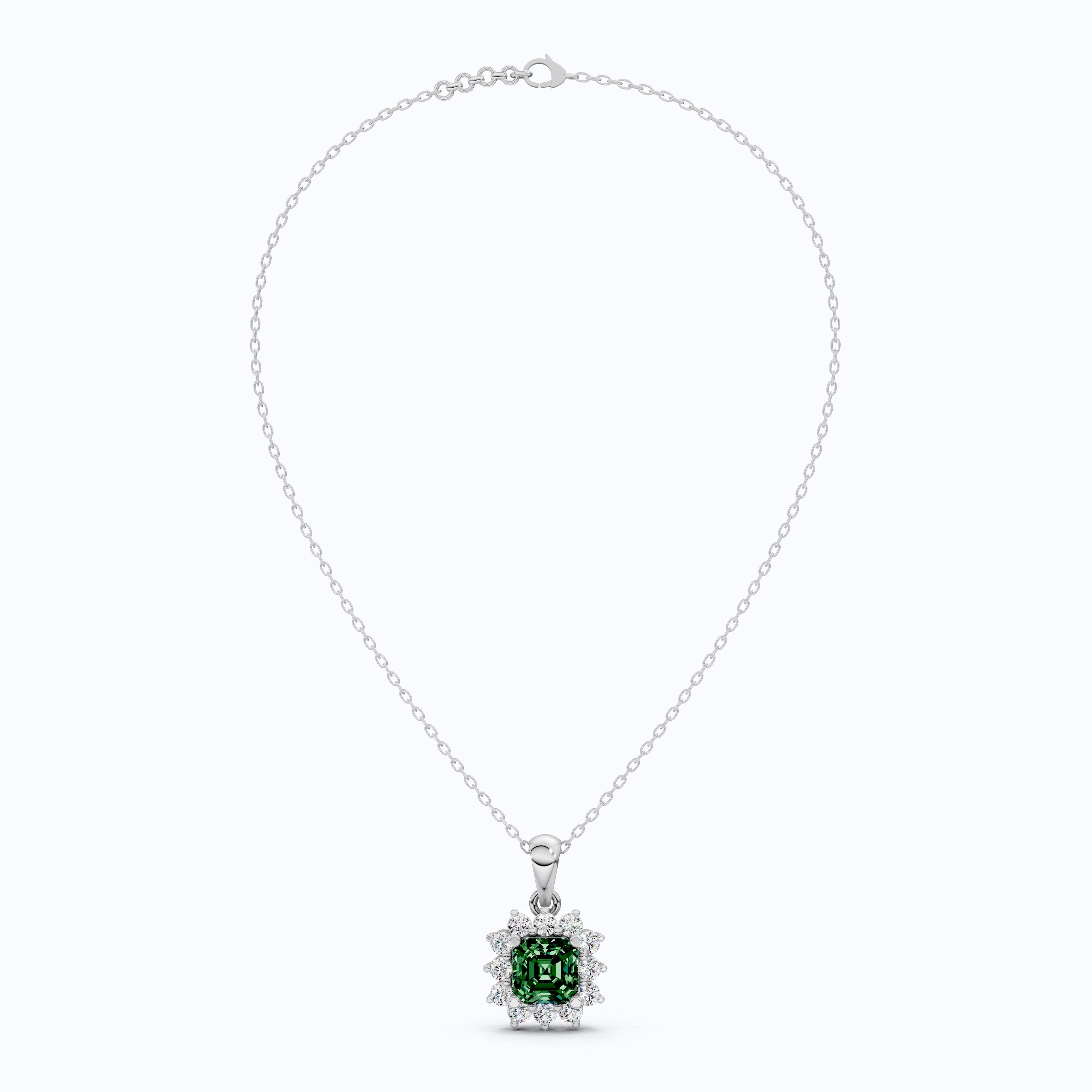14K Rose Gold Green Gemstone Pendant with Diamond Halo, Asscher Cut Gemstone, Wedding Jewelry, Gift for Wife