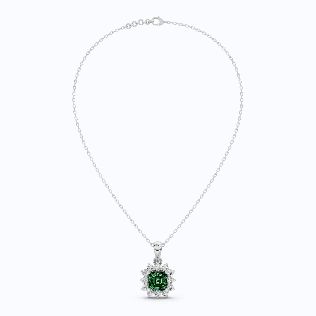 14K Rose Gold Green Gemstone Pendant with Diamond Halo, Asscher Cut Gemstone, Wedding Jewelry, Gift for Wife