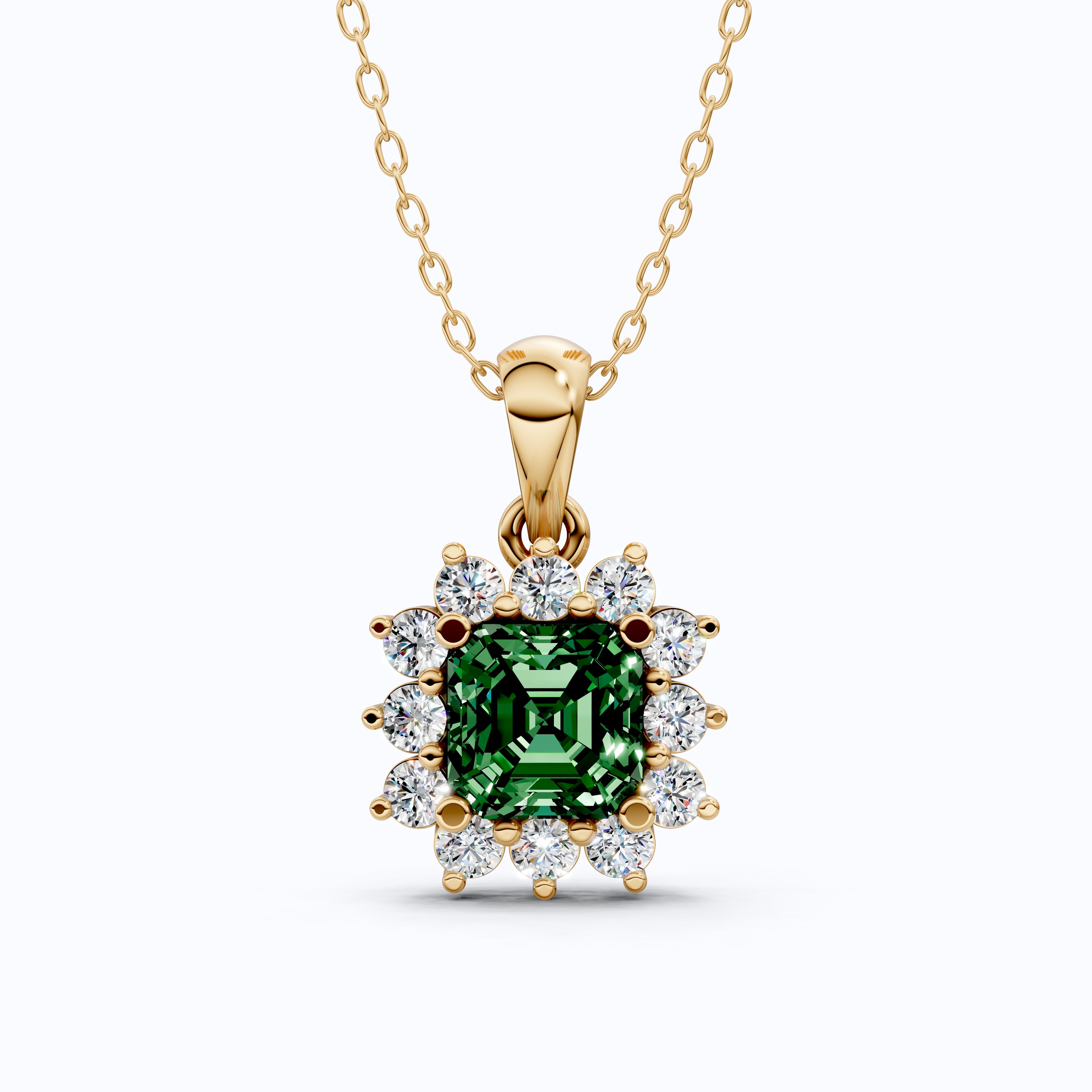 14K Rose Gold Green Gemstone Pendant with Diamond Halo, Asscher Cut Gemstone, Wedding Jewelry, Gift for Wife