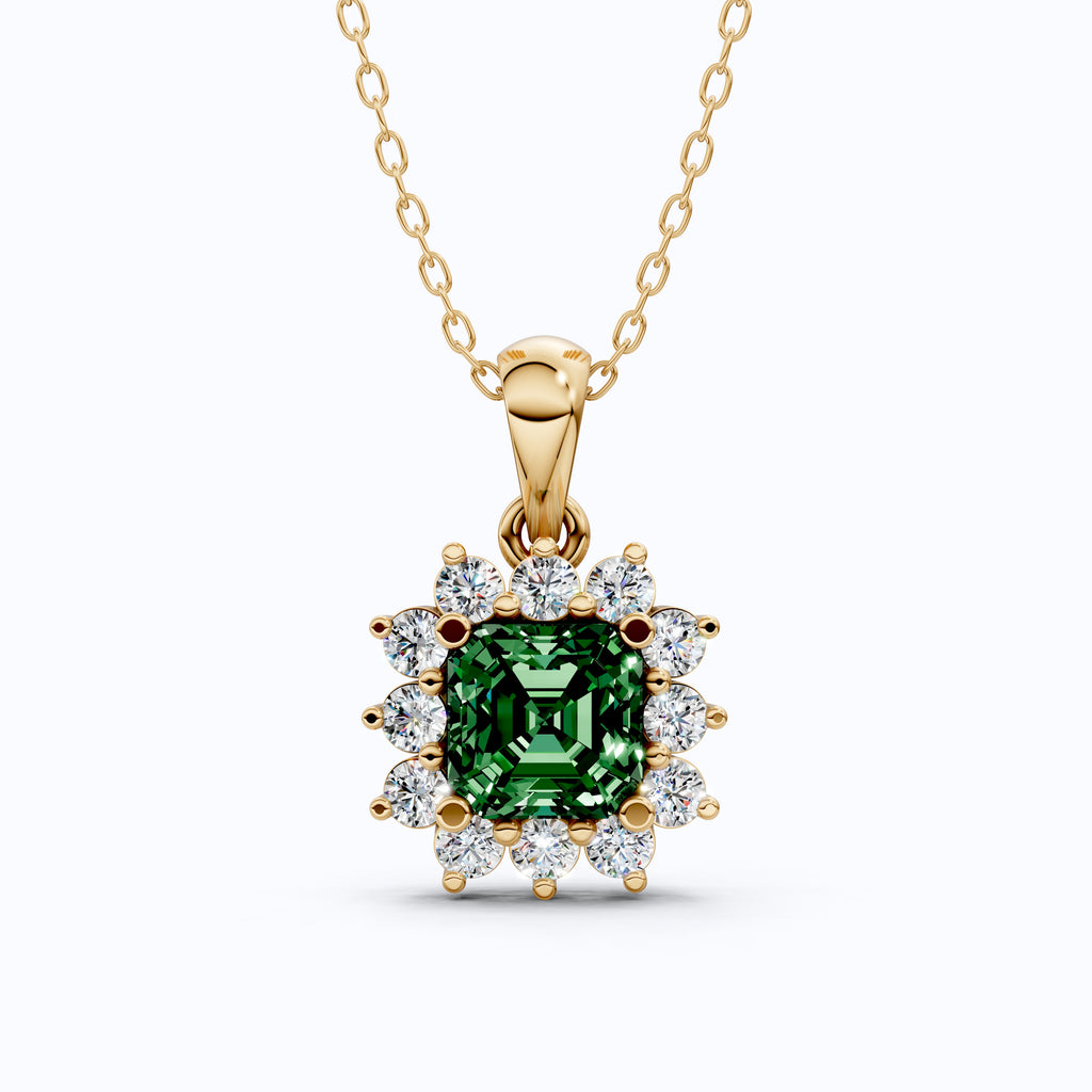 14K Rose Gold Green Gemstone Pendant with Diamond Halo, Asscher Cut Gemstone, Wedding Jewelry, Gift for Wife