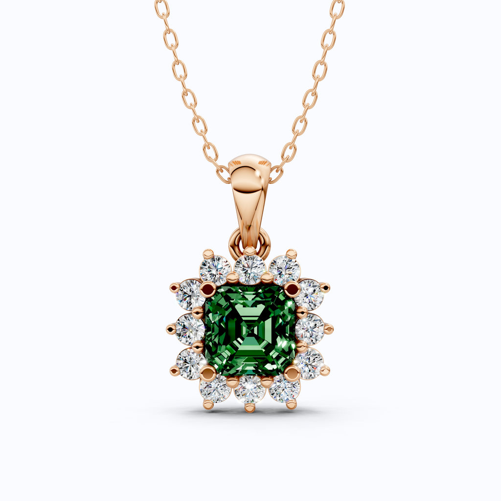 14K Rose Gold Green Gemstone Pendant with Diamond Halo, Asscher Cut Gemstone, Wedding Jewelry, Gift for Wife