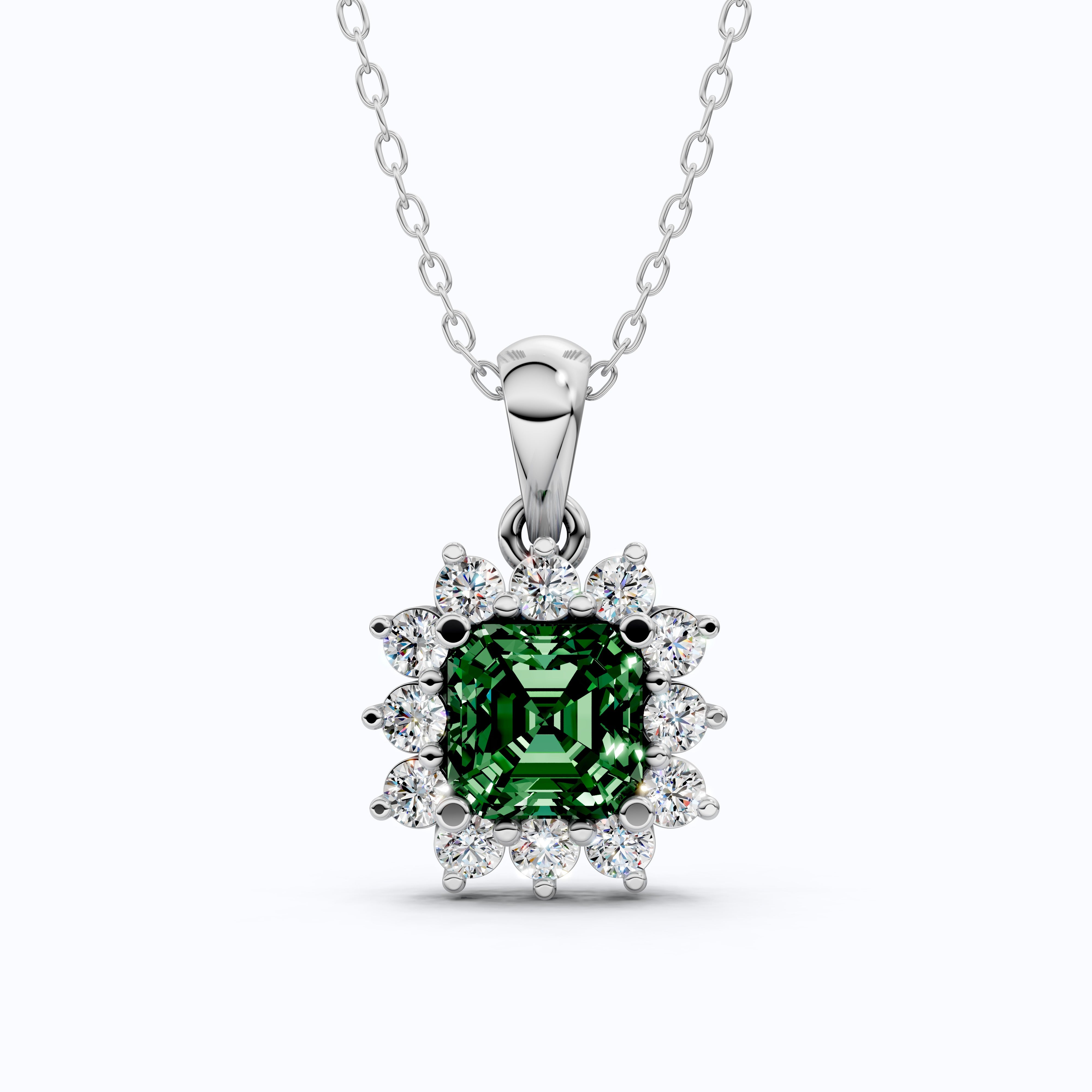 14K Rose Gold Green Gemstone Pendant with Diamond Halo, Asscher Cut Gemstone, Wedding Jewelry, Gift for Wife