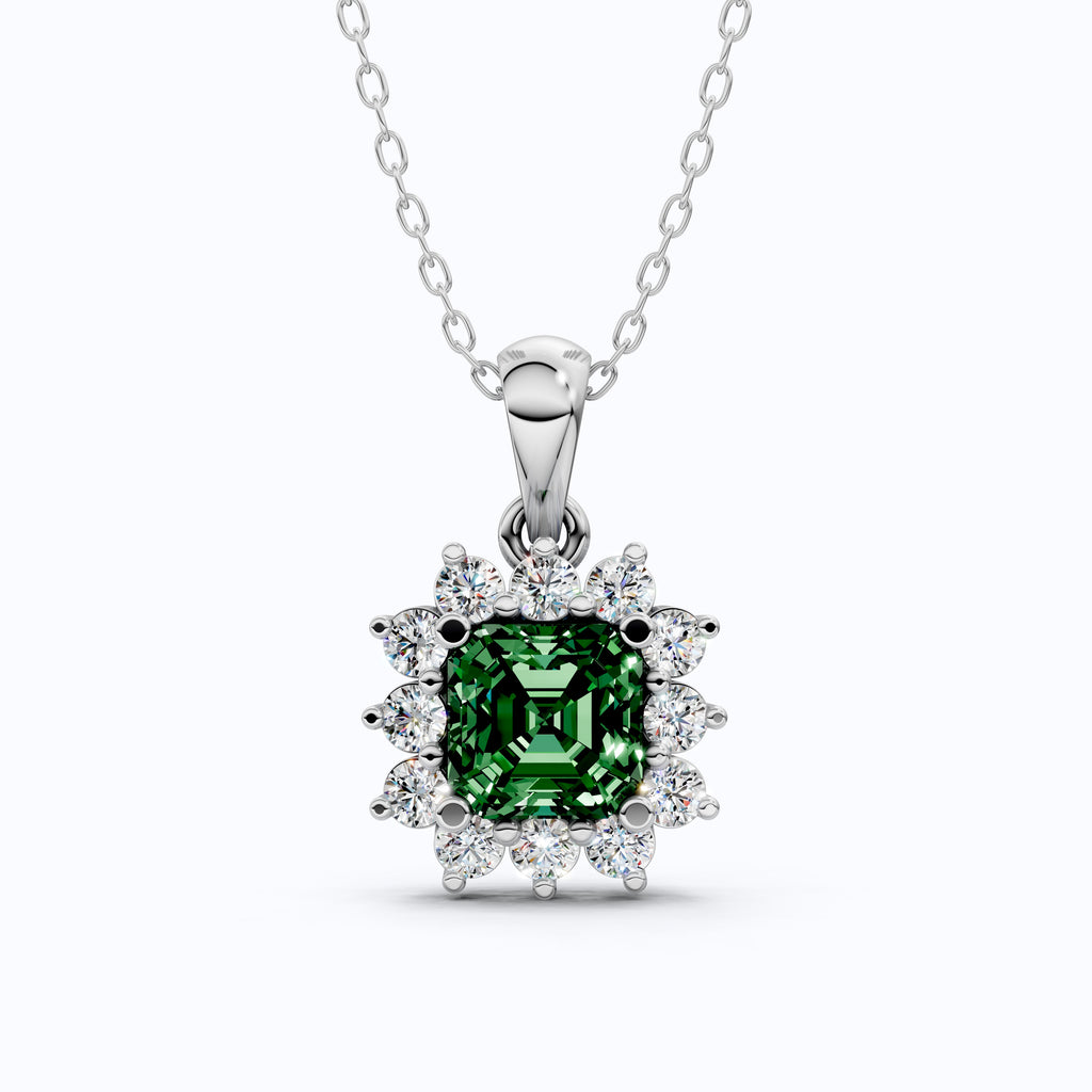14K Rose Gold Green Gemstone Pendant with Diamond Halo, Asscher Cut Gemstone, Wedding Jewelry, Gift for Wife