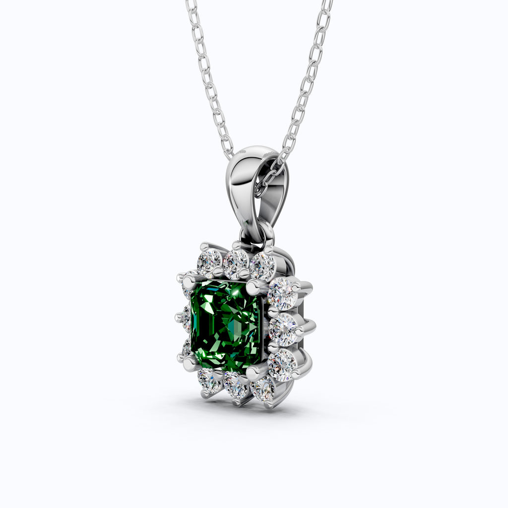 14K Rose Gold Green Gemstone Pendant with Diamond Halo, Asscher Cut Gemstone, Wedding Jewelry, Gift for Wife