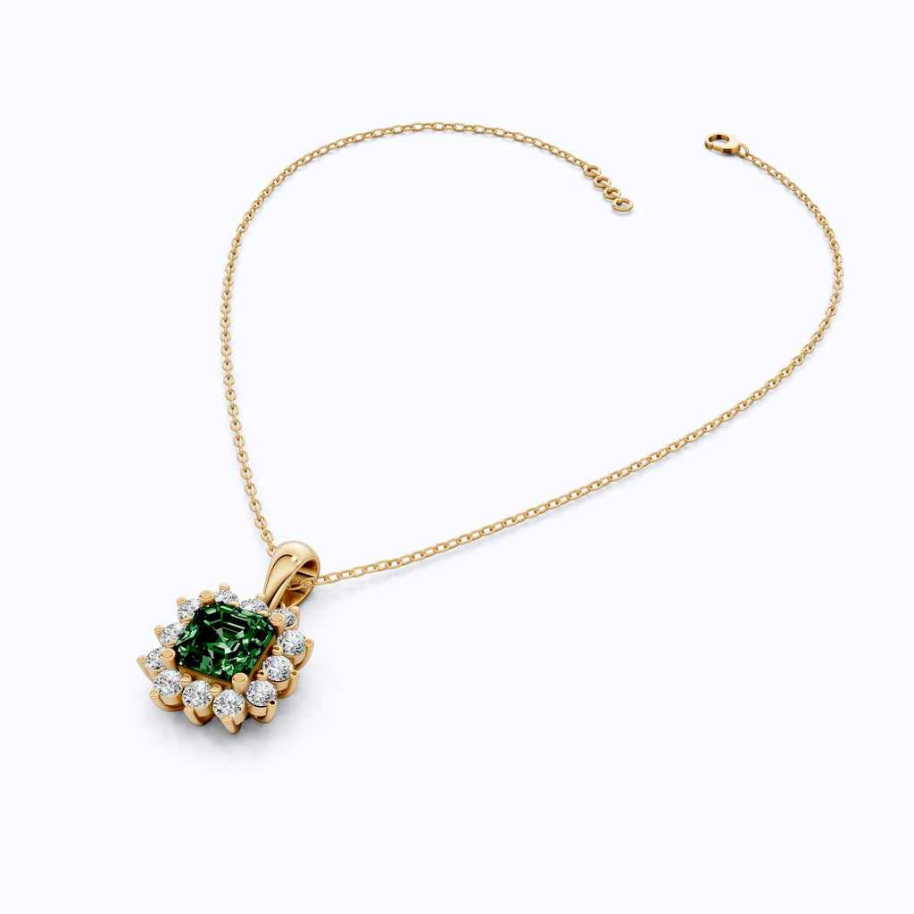 14K Rose Gold Green Gemstone Pendant with Diamond Halo, Asscher Cut Gemstone, Wedding Jewelry, Gift for Wife