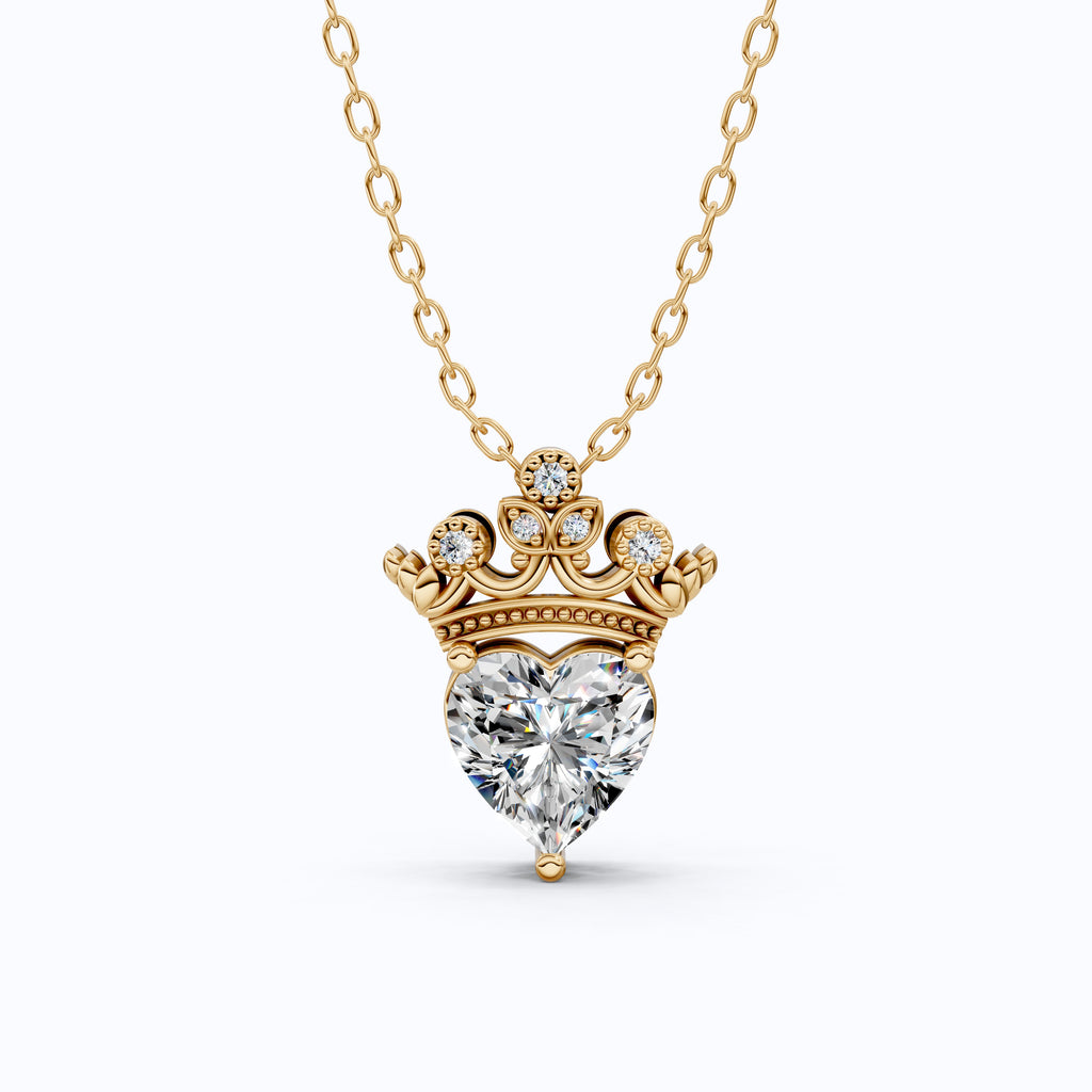 Crown Heart Solitaire Pavé Accents Wedding Pendant in 14k Solid Gold, 2.00 CT Heart Cut Lab Grown Diamond, Handmade Everyday Pendant