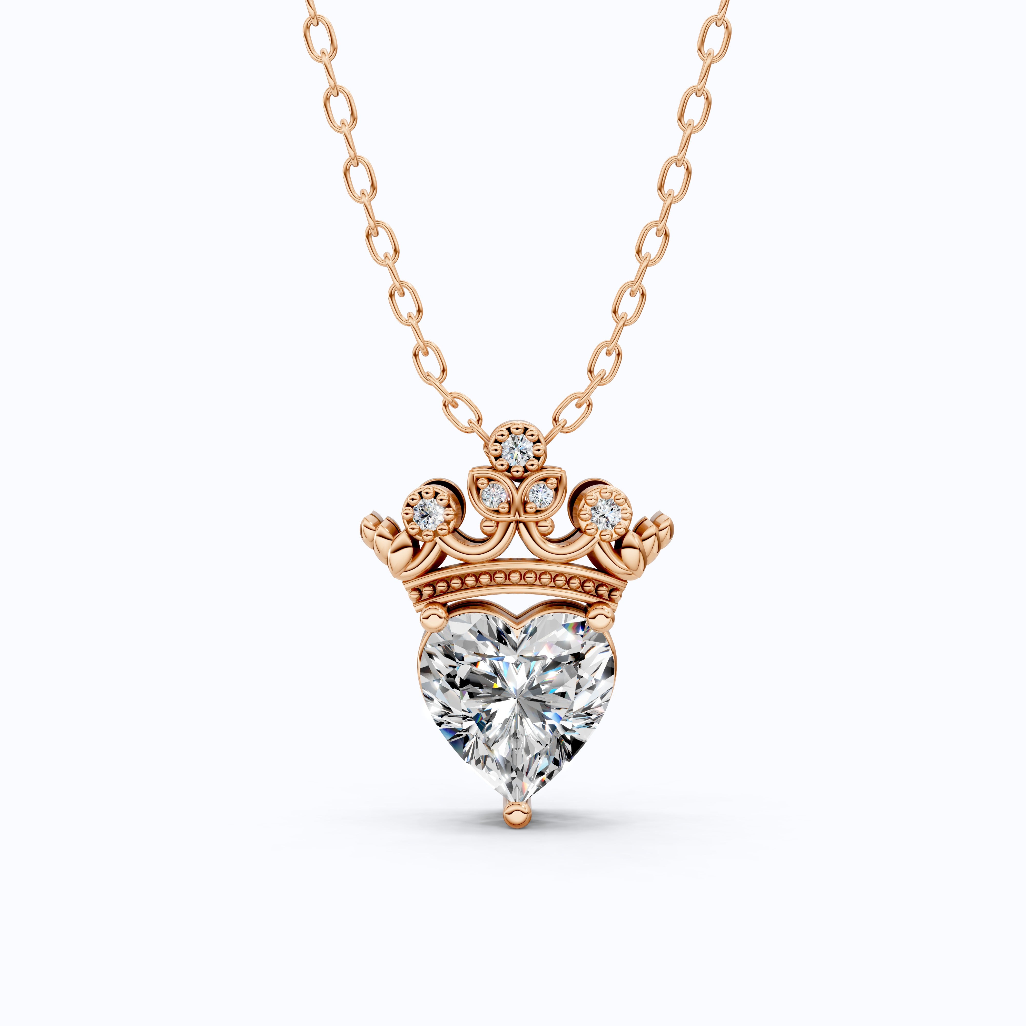 Crown Heart Solitaire Pavé Accents Wedding Pendant in 14k Solid Gold, 2.00 CT Heart Cut Lab Grown Diamond, Handmade Everyday Pendant