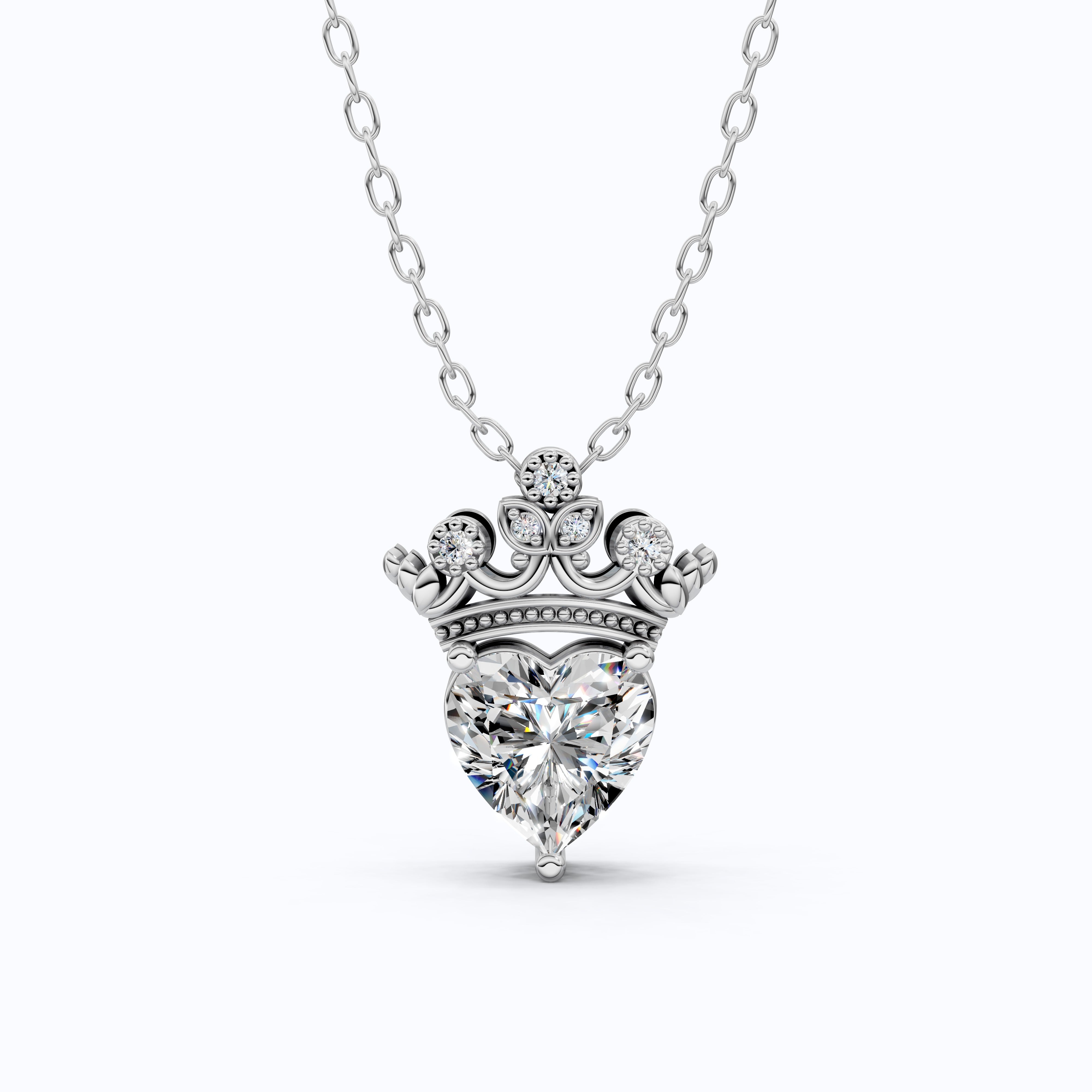 Crown Heart Solitaire Pavé Accents Wedding Pendant in 14k Solid Gold, 2.00 CT Heart Cut Lab Grown Diamond, Handmade Everyday Pendant