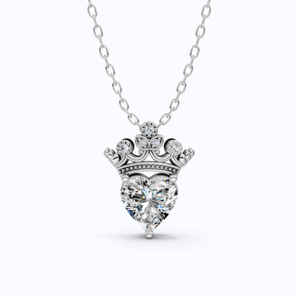 Crown Heart Solitaire Pavé Accents Wedding Pendant in 14k Solid Gold, 2.00 CT Heart Cut Lab Grown Diamond, Handmade Everyday Pendant