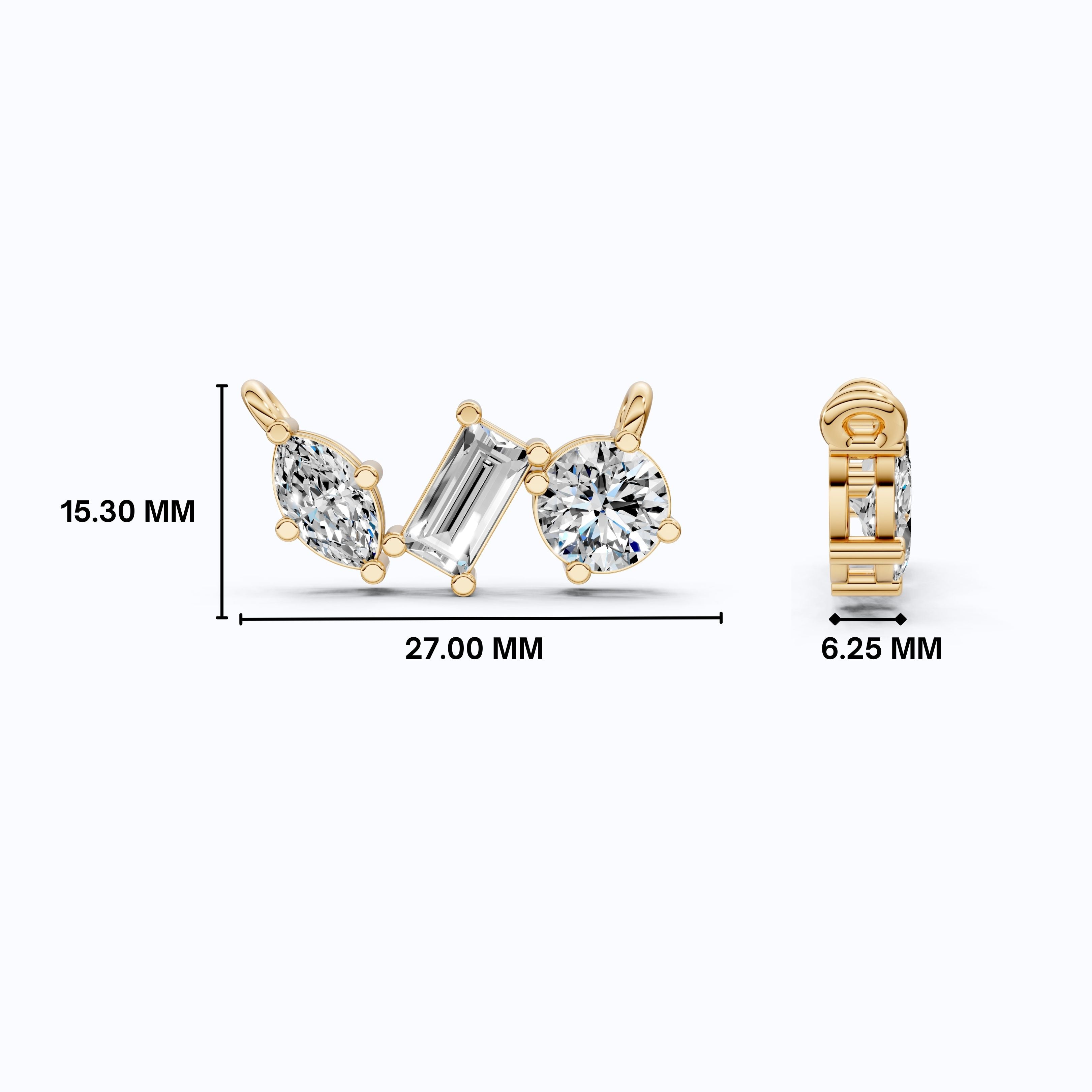 Geometric Trio Stone Diamond Pendant Necklace in 14k Solid Gold, 3.46 TCW Multi Shaped Lab Grown Diamonds, Anniversary Gift, Bridal Jewelry, Wedding Gift for Wife