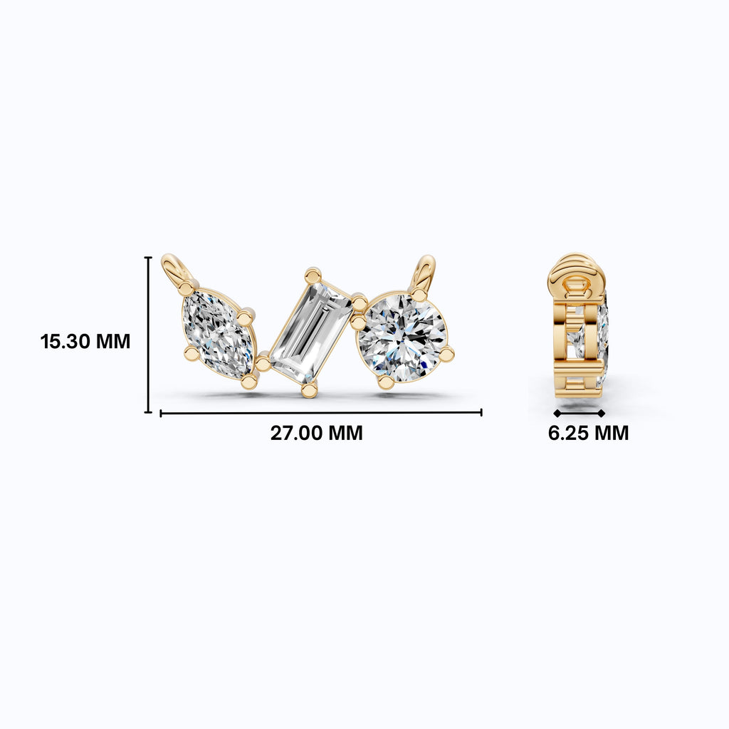 Geometric Trio Stone Diamond Pendant Necklace in 14k Solid Gold, 3.46 TCW Multi Shaped Lab Grown Diamonds, Anniversary Gift, Bridal Jewelry, Wedding Gift for Wife